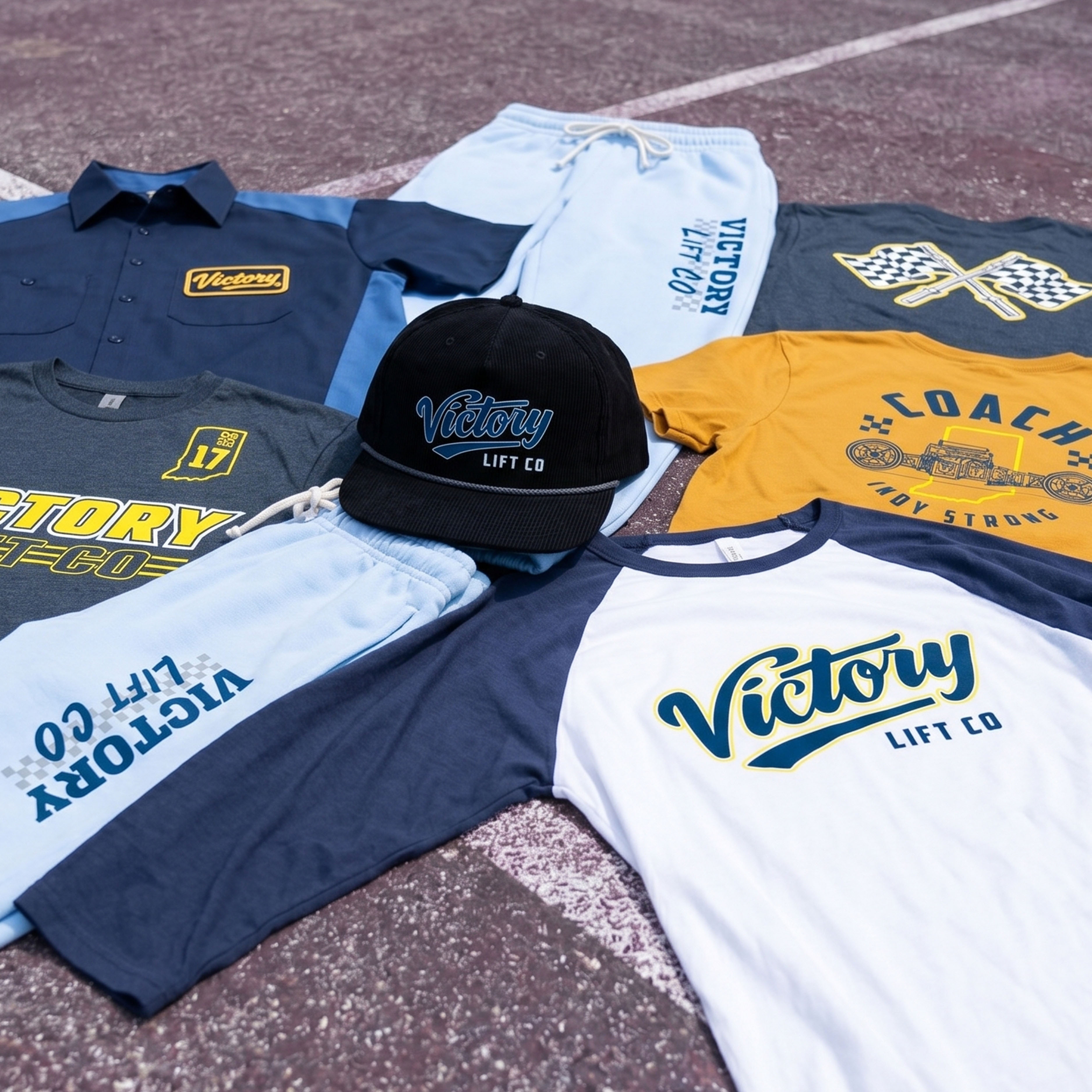 Victory Lift Co full apparel collection flat lay