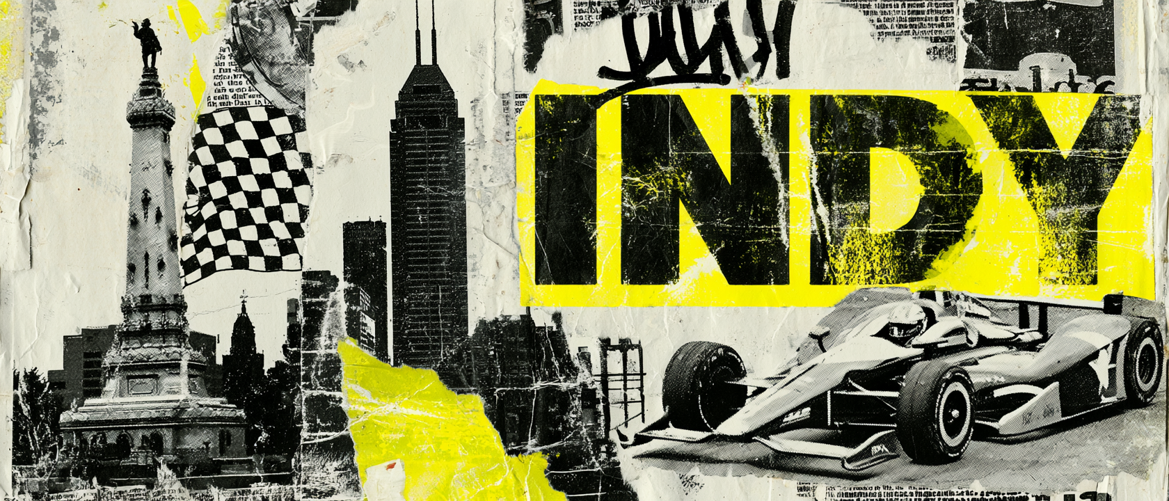 Indianapolis visual history collage with racing, Monument Circle, skyline, and checkered references
