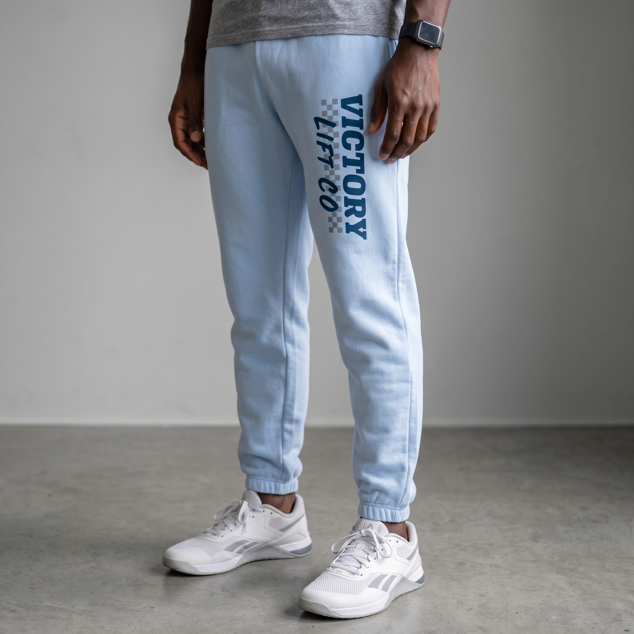 Victory Lift Co light blue joggers with vertical leg print