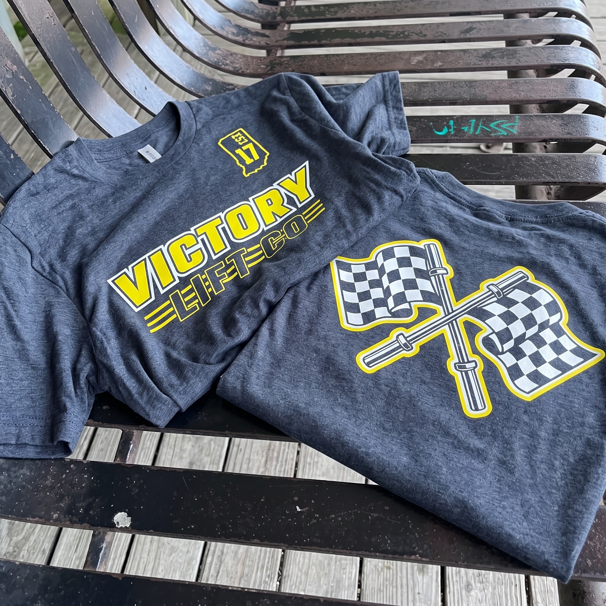 Victory Lift Co yellow tee with Indy Strong coach back graphic