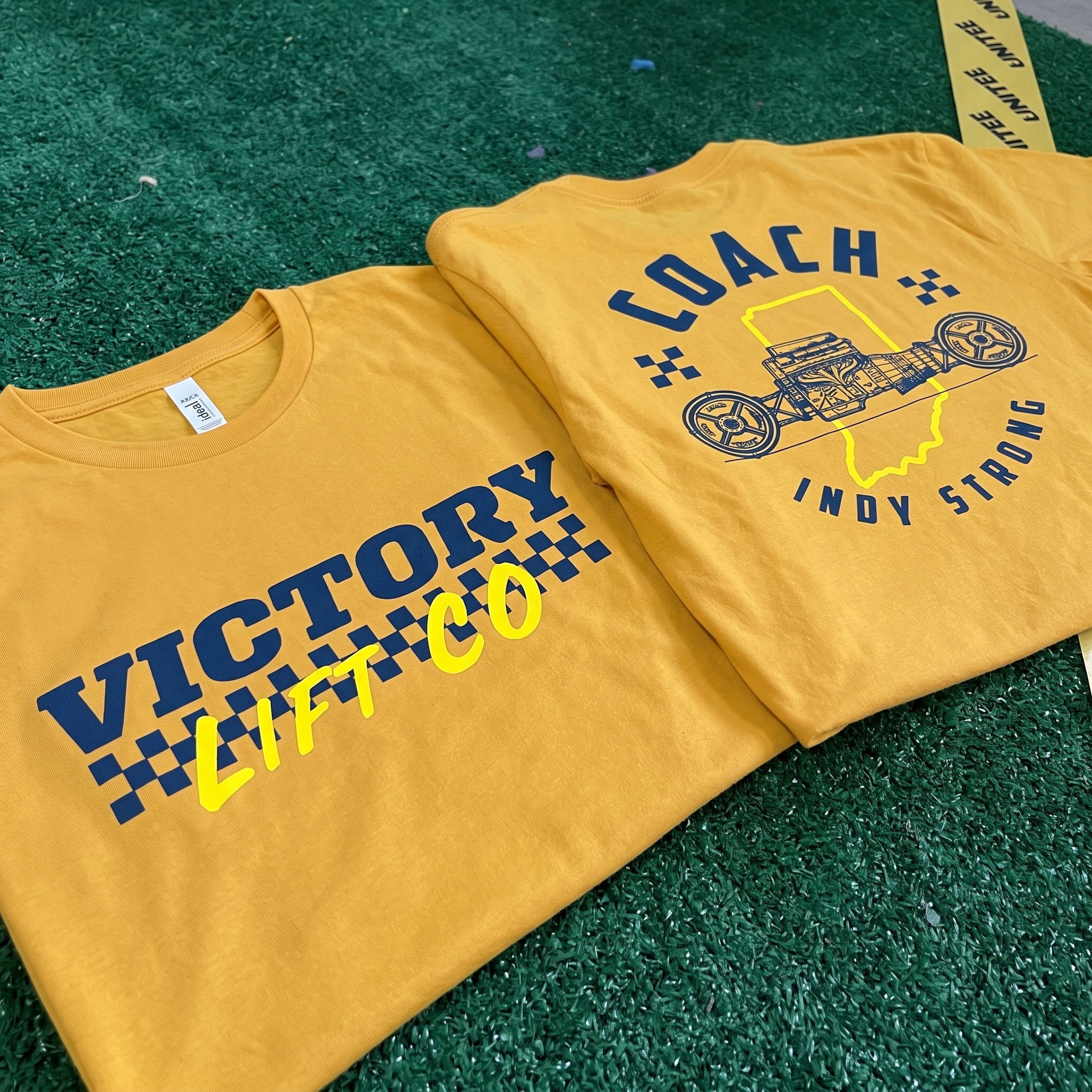Victory Lift Co navy and white raglan shirts with script logo