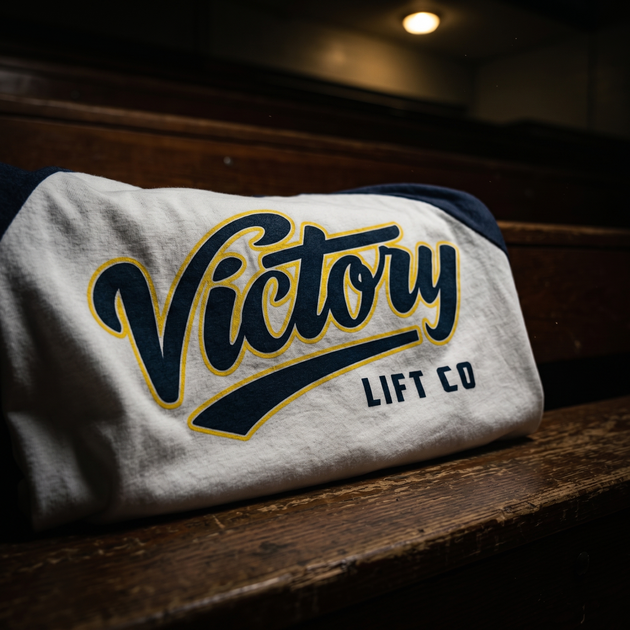 Victory Lift Co checkered flag and barbell graphic tee detail