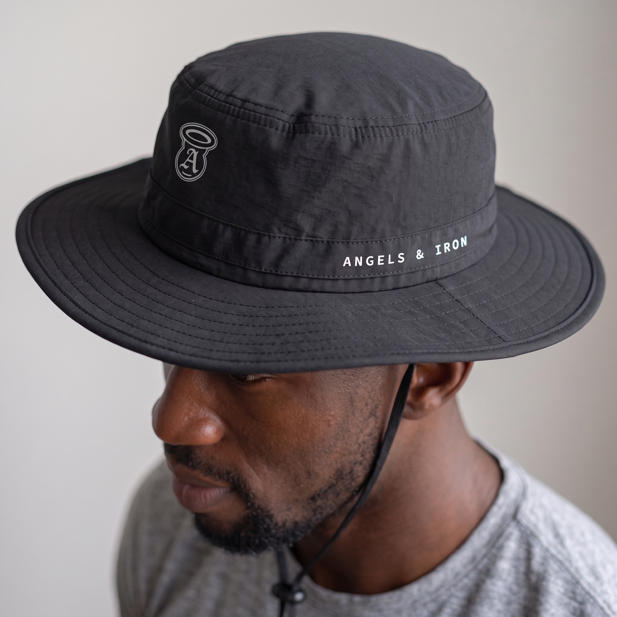 Black Angels and Iron booney hat with small halo A mark and side type