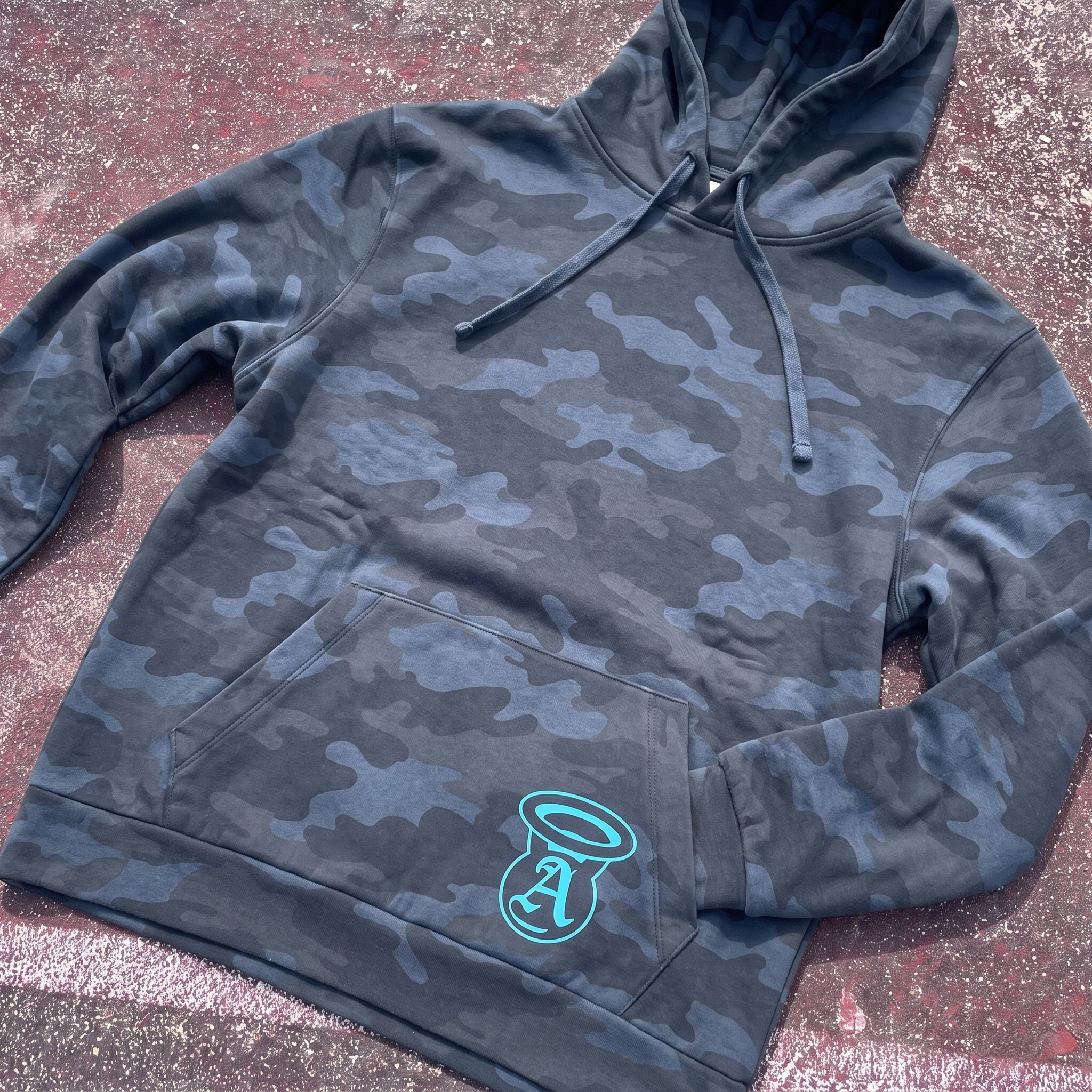 Dark navy camo Angels and Iron hoodie with blue halo A mark on pocket