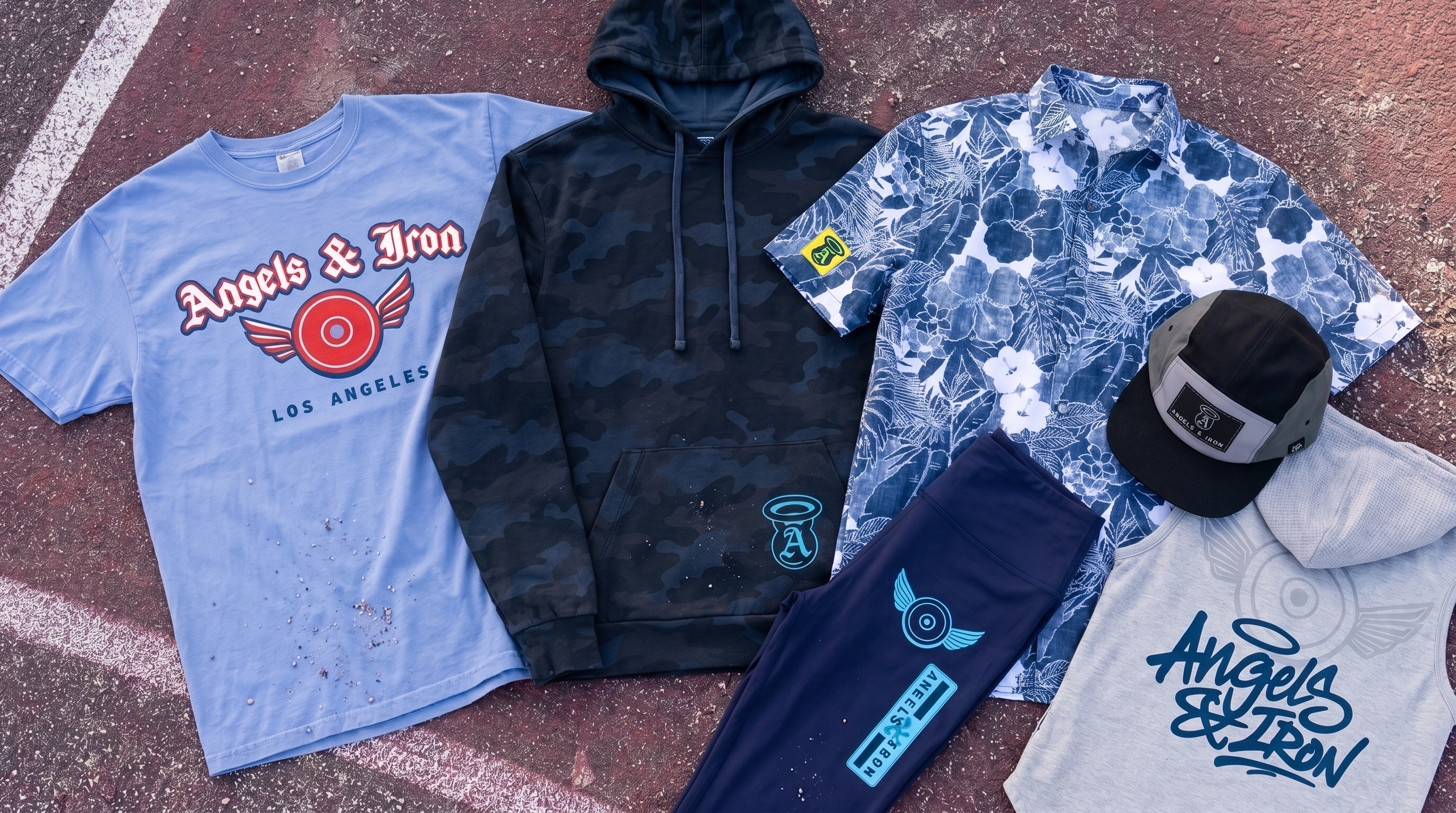 Full Angels and Iron Los Angeles apparel collection with tees, hoodie, leggings, hat, camp shirt, and blue red navy color system