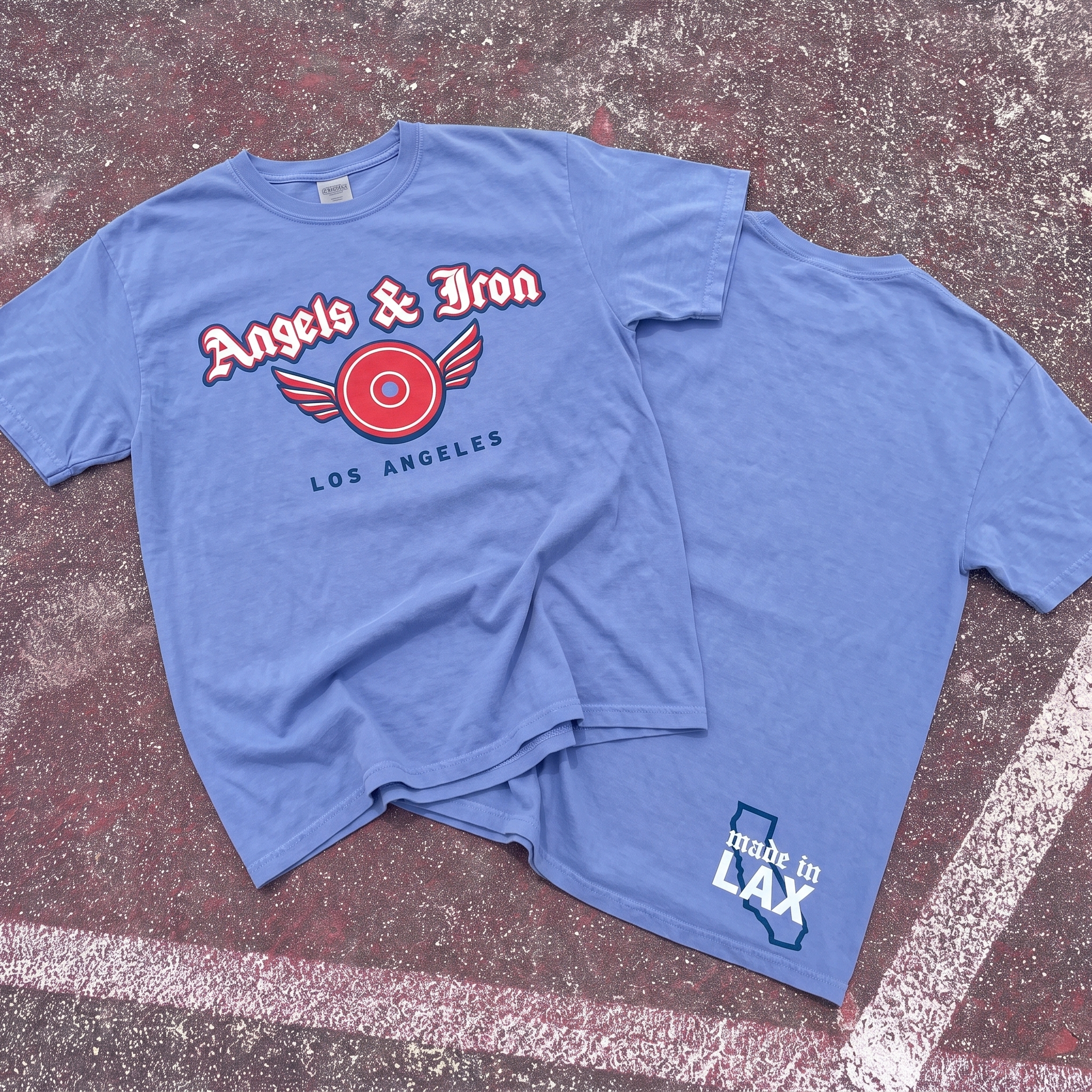 Blue Angels and Iron tee with front logo and Made in LAX back graphic