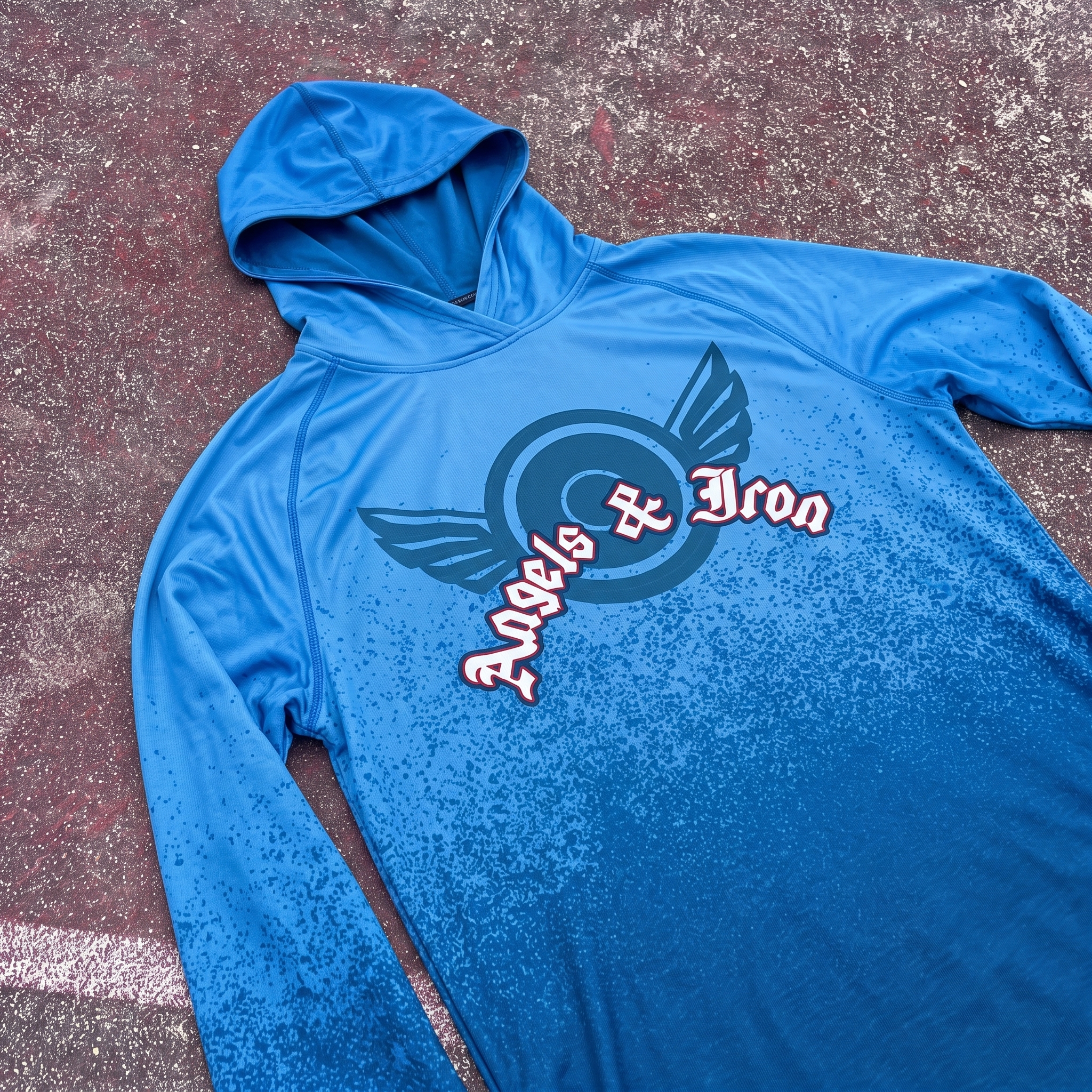 Blue Angels and Iron performance hoodie with winged plate graphic and tonal fade texture