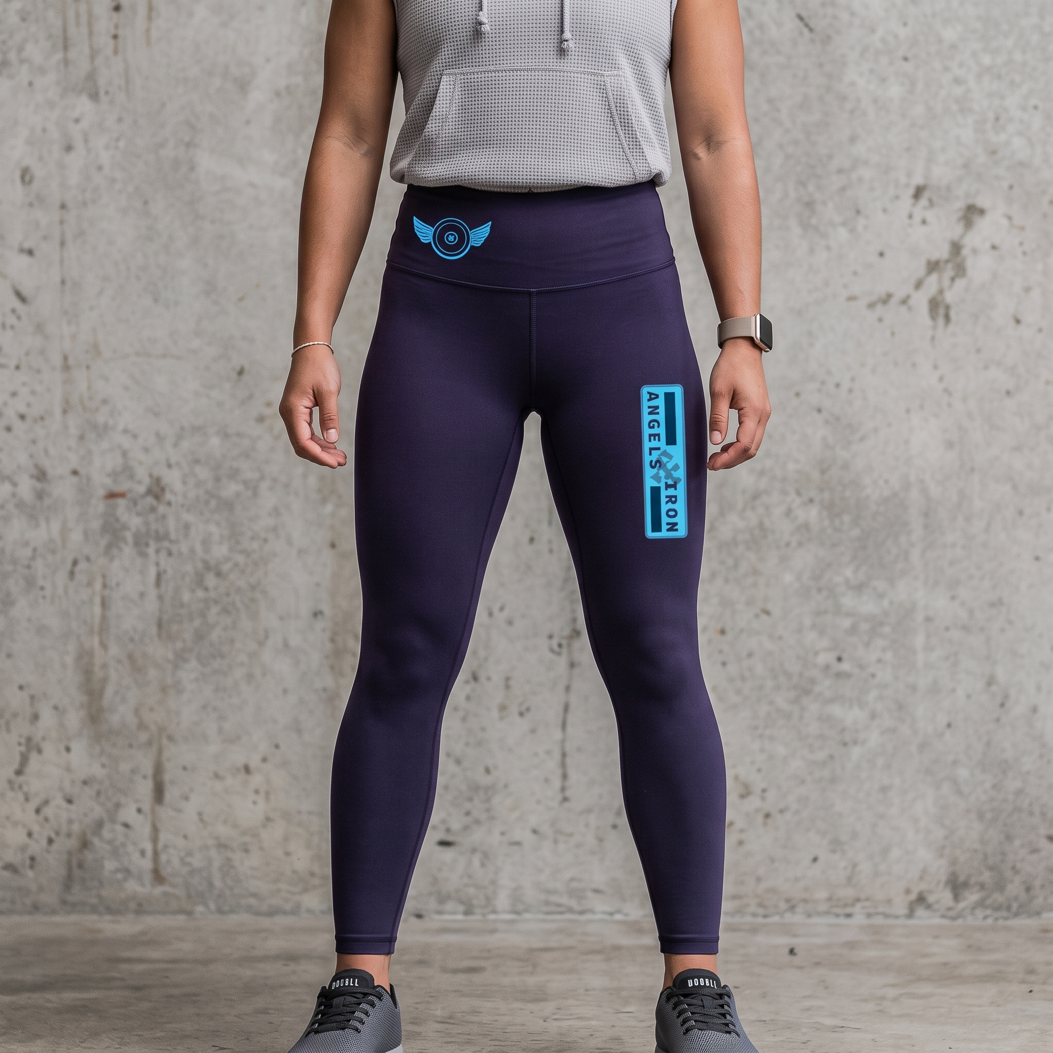 Navy Angels and Iron leggings with blue winged plate mark and vertical logo patch