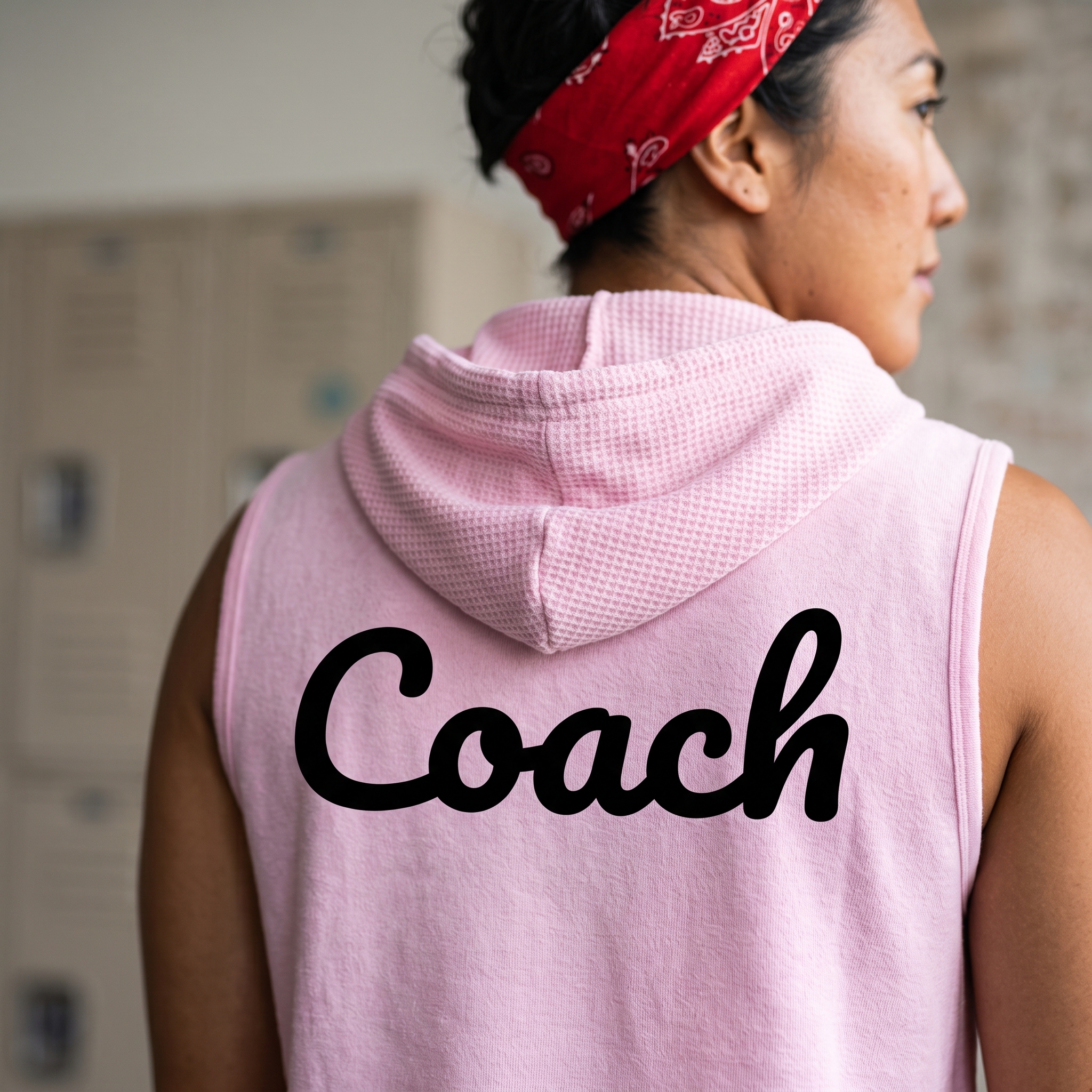 Neon Desert pink sleeveless coach hoodie with black coach back print