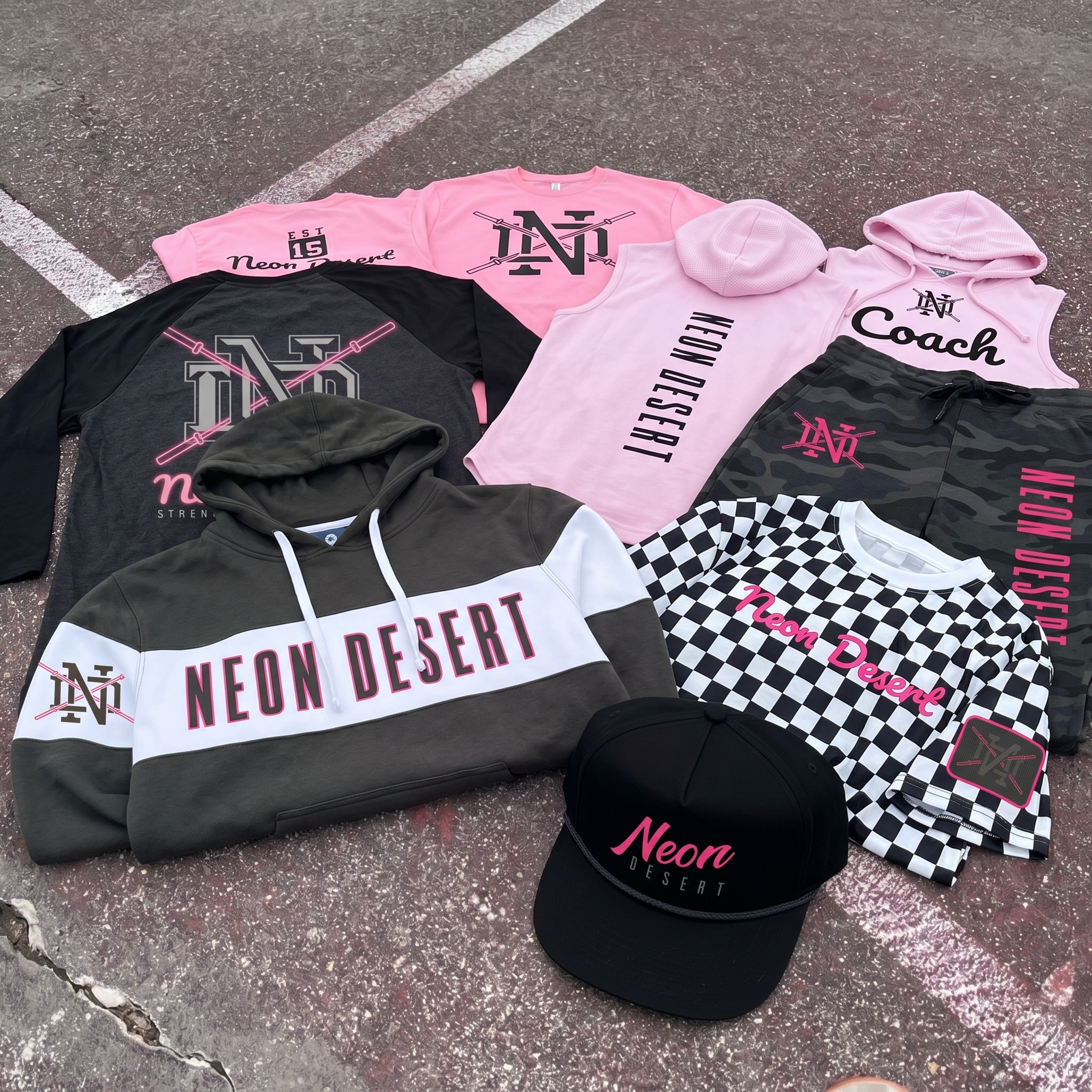 Neon Desert full apparel collection flat lay