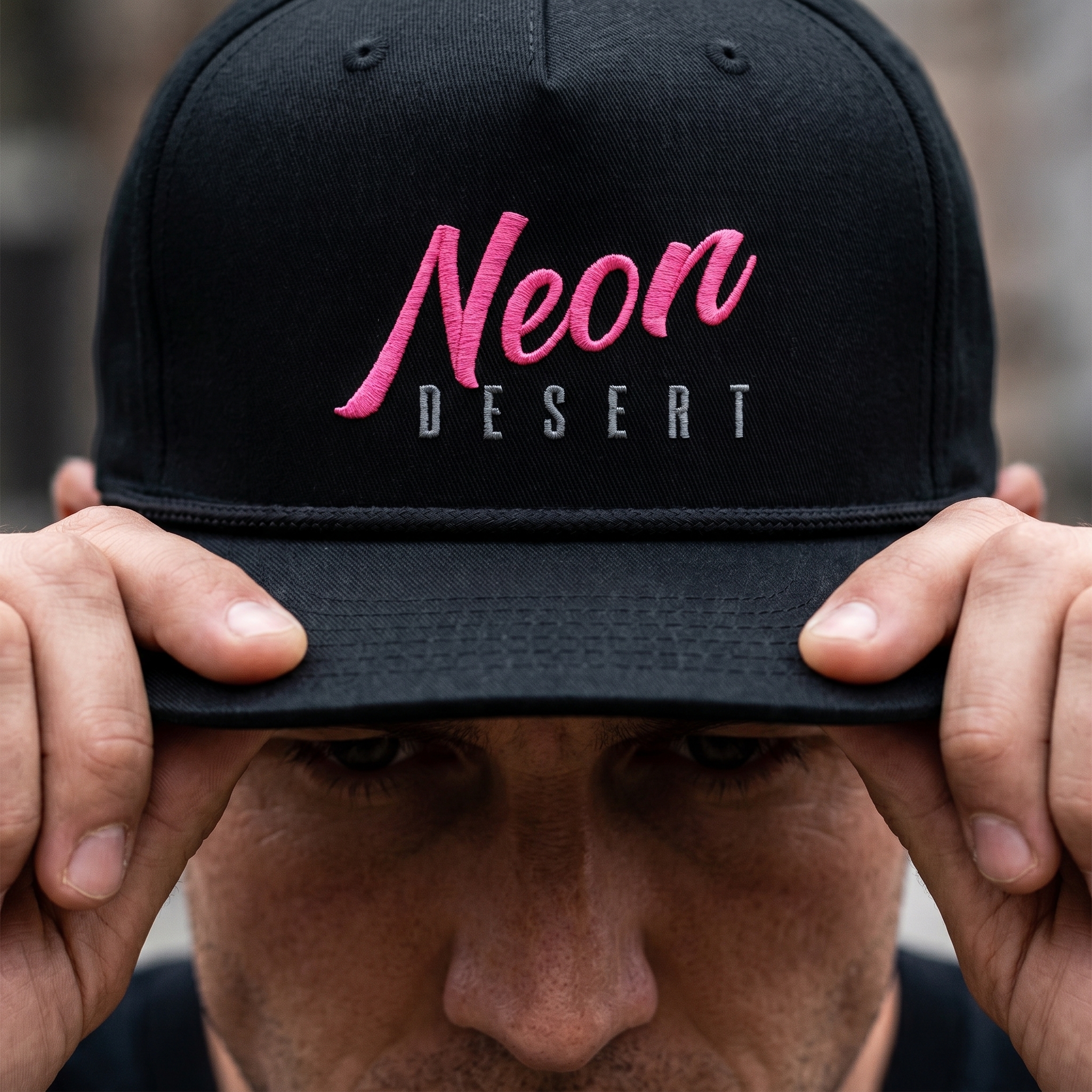 Neon Desert black rope hat with pink and grey embroidery