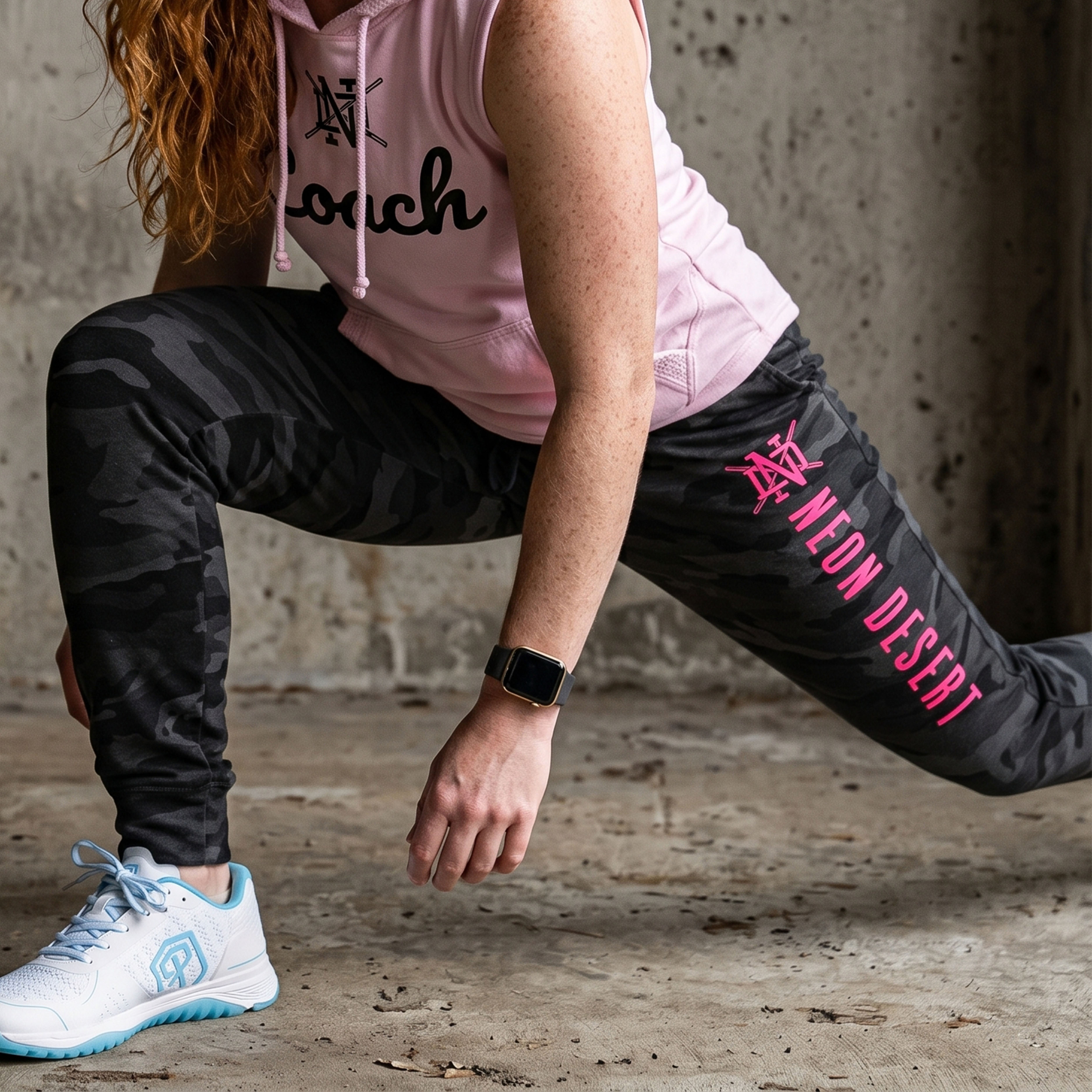 Neon Desert camo joggers with pink leg print