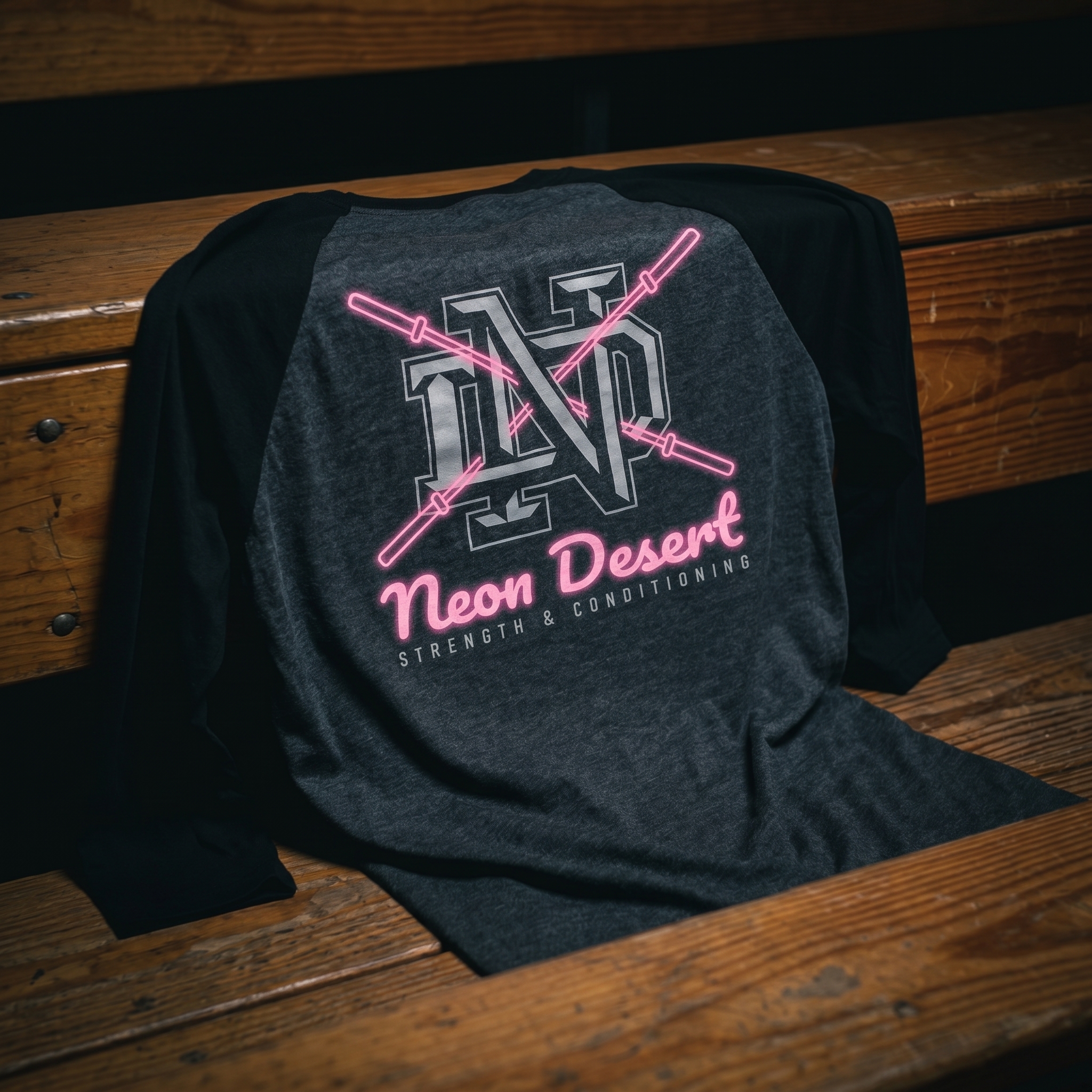 Neon Desert black and grey raglan with neon-style logo