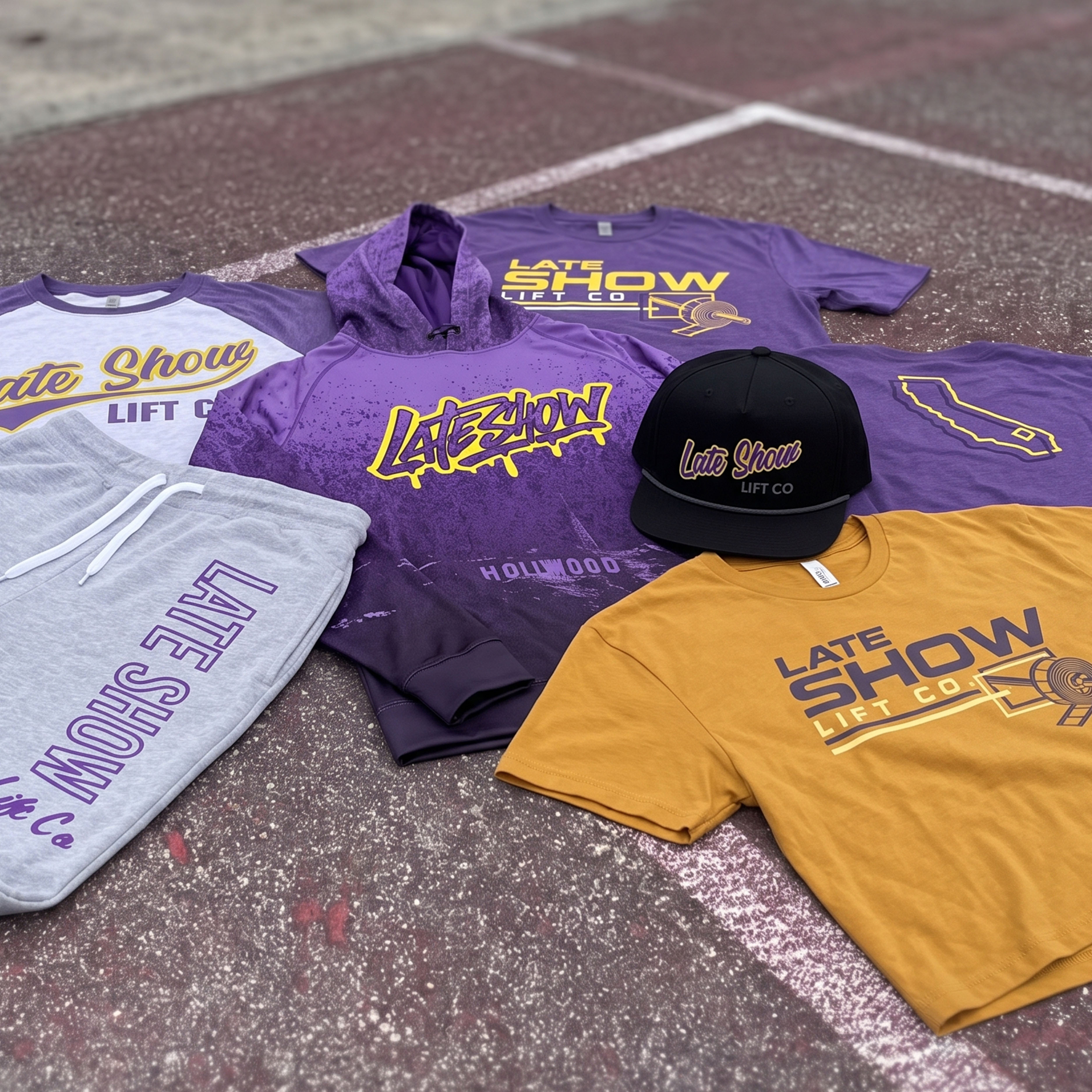 Late Show Lift Co full apparel collection flat lay