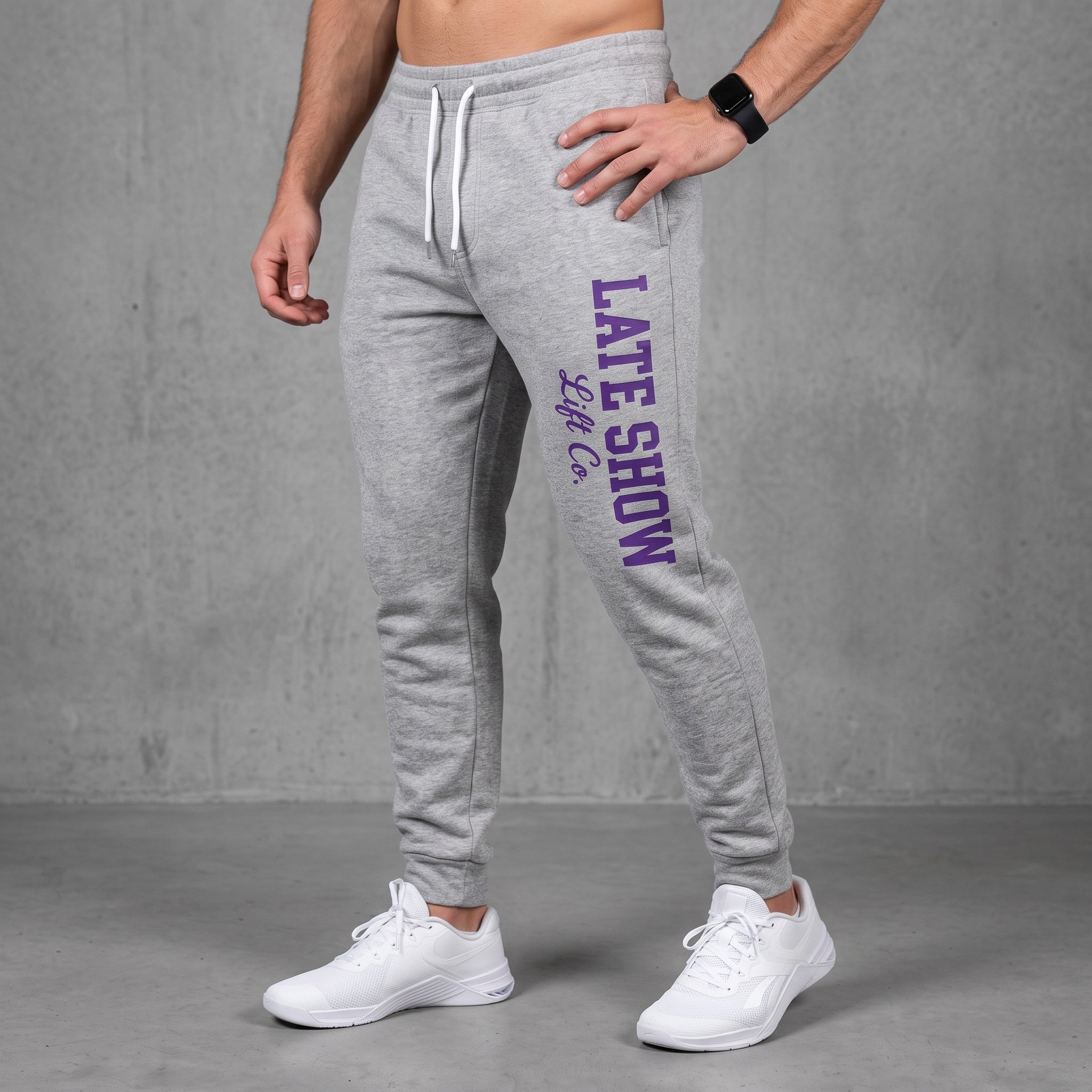 Late Show Lift Co grey joggers with purple vertical leg print