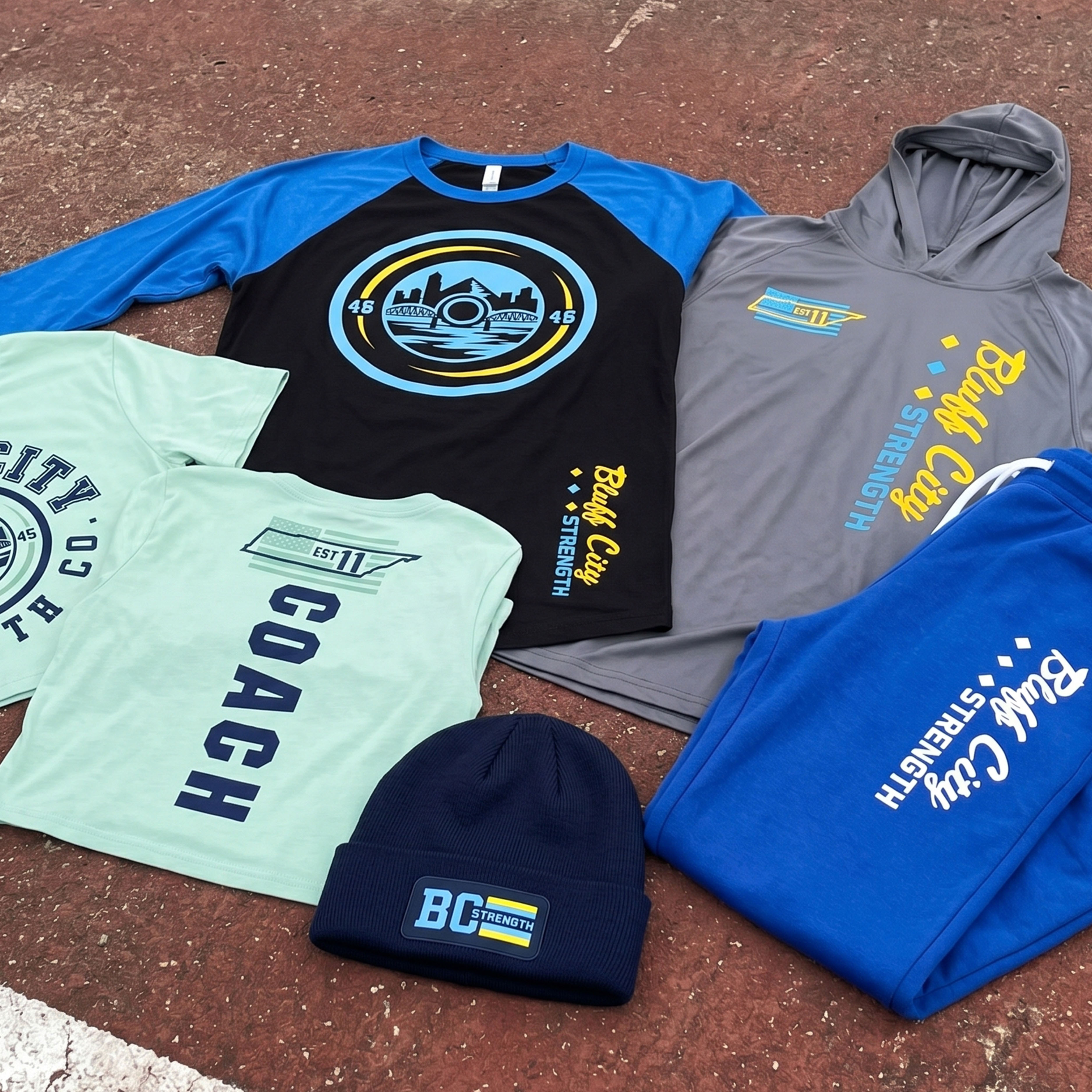 Bluff City Strength Co full apparel collection flat lay