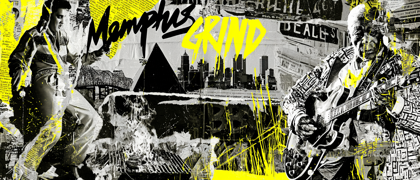 Memphis visual history collage with Elvis, blues, skyline, bridge, Beale Street, and music references