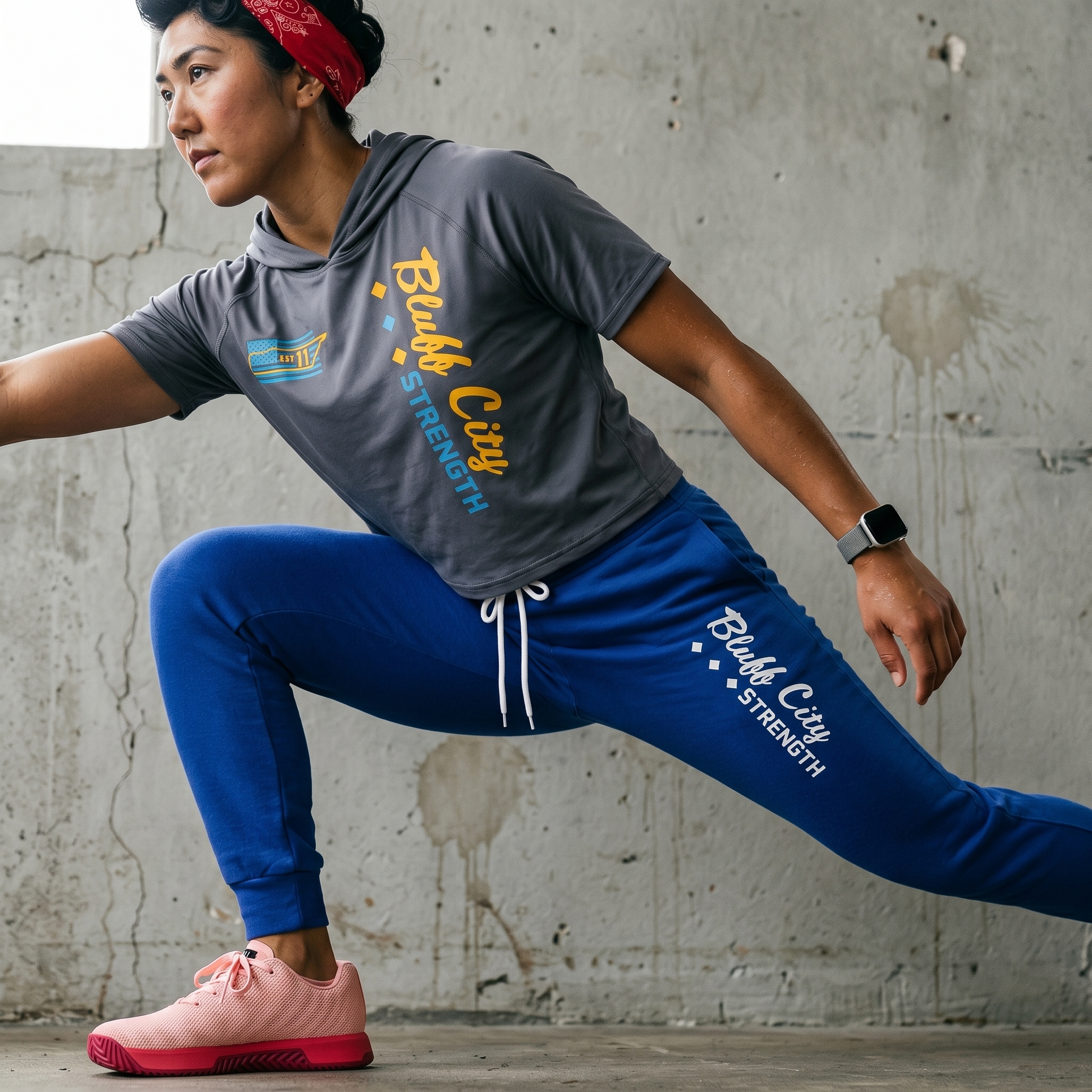 Bluff City Strength Co blue joggers with vertical leg print