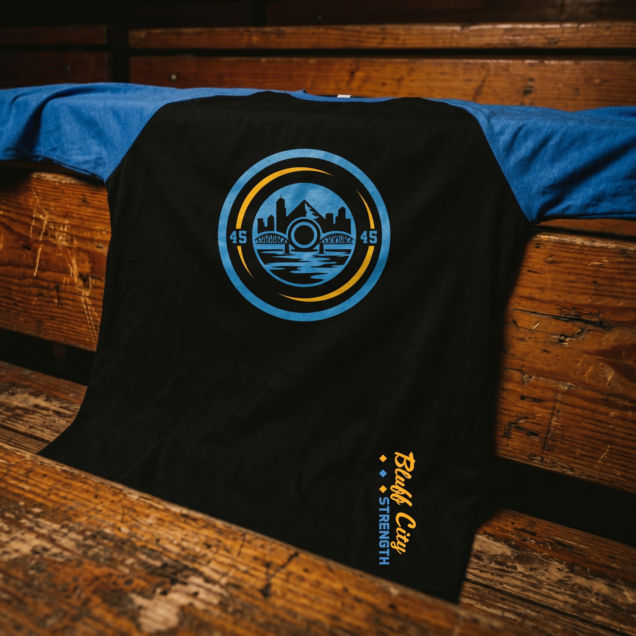 Bluff City Strength Co black and blue raglan with river crest graphic