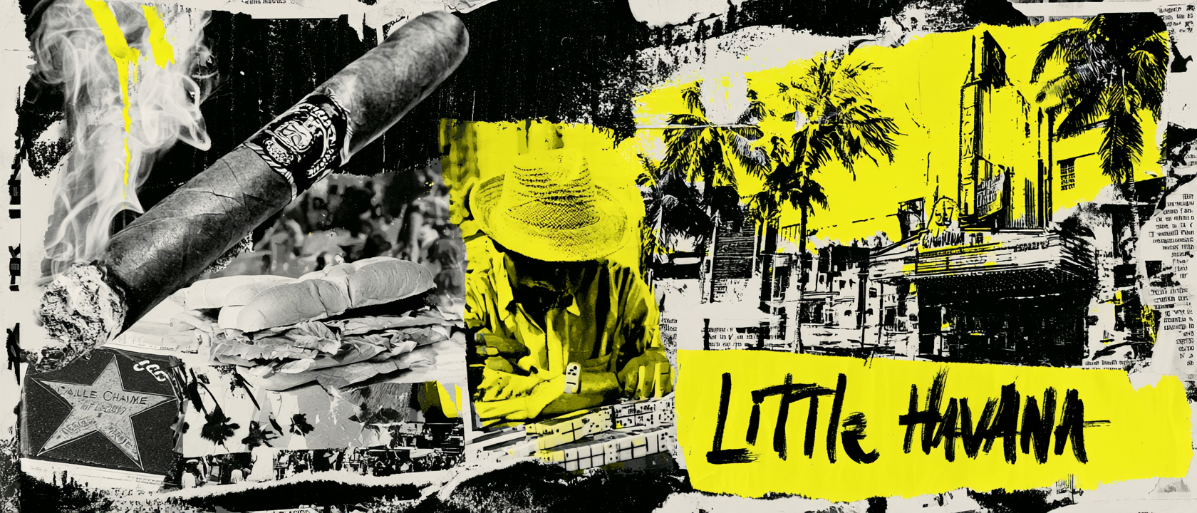 Little Havana visual history collage with cigar, dominoes, Calle Ocho references, palm trees, theater signage, Cuban flag color, and neighborhood textures