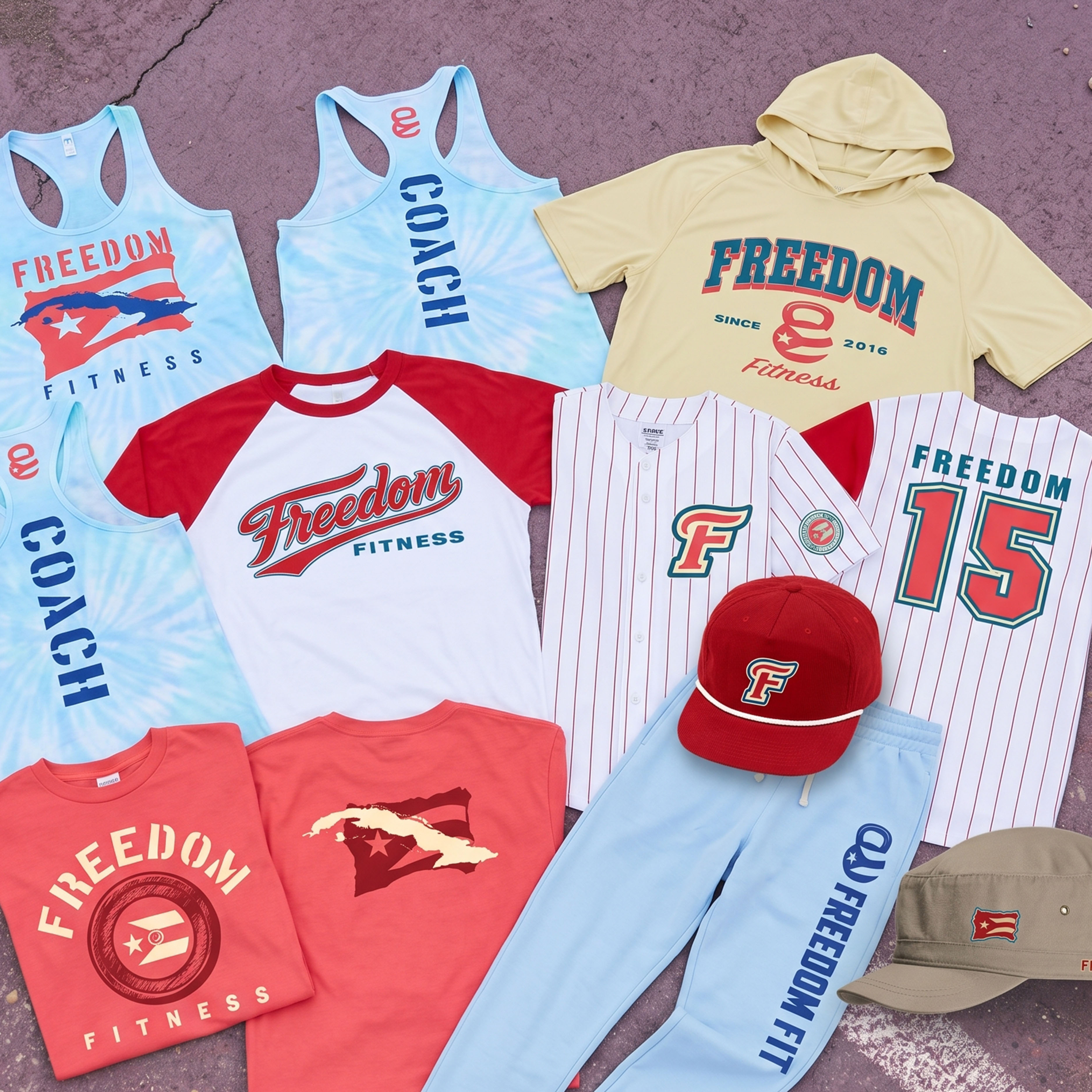 Full Freedom Fitness apparel collection with racerback tanks, raglan tee, hoodie, baseball jerseys, cap, joggers, tees, and field cap