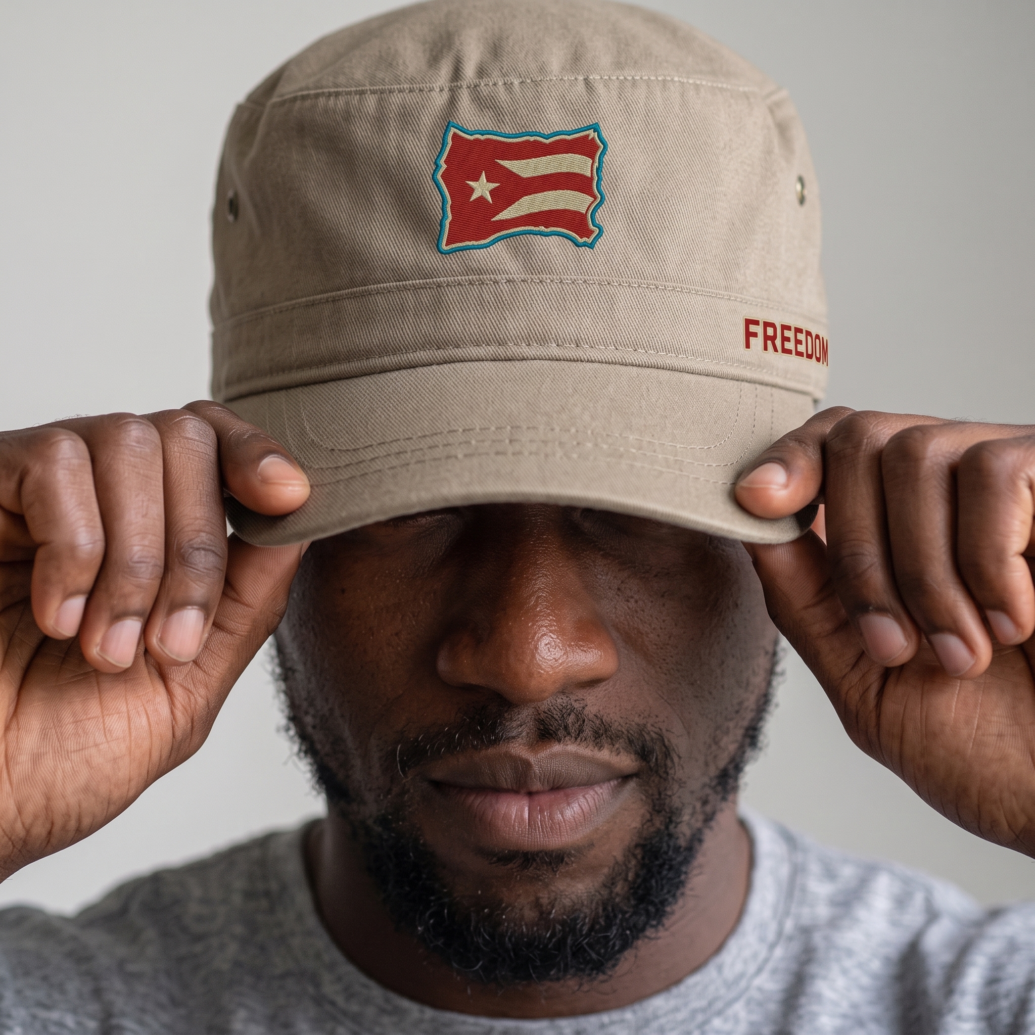Khaki Freedom Fitness field cap with embroidered Cuban flag inspired patch and small Freedom side text