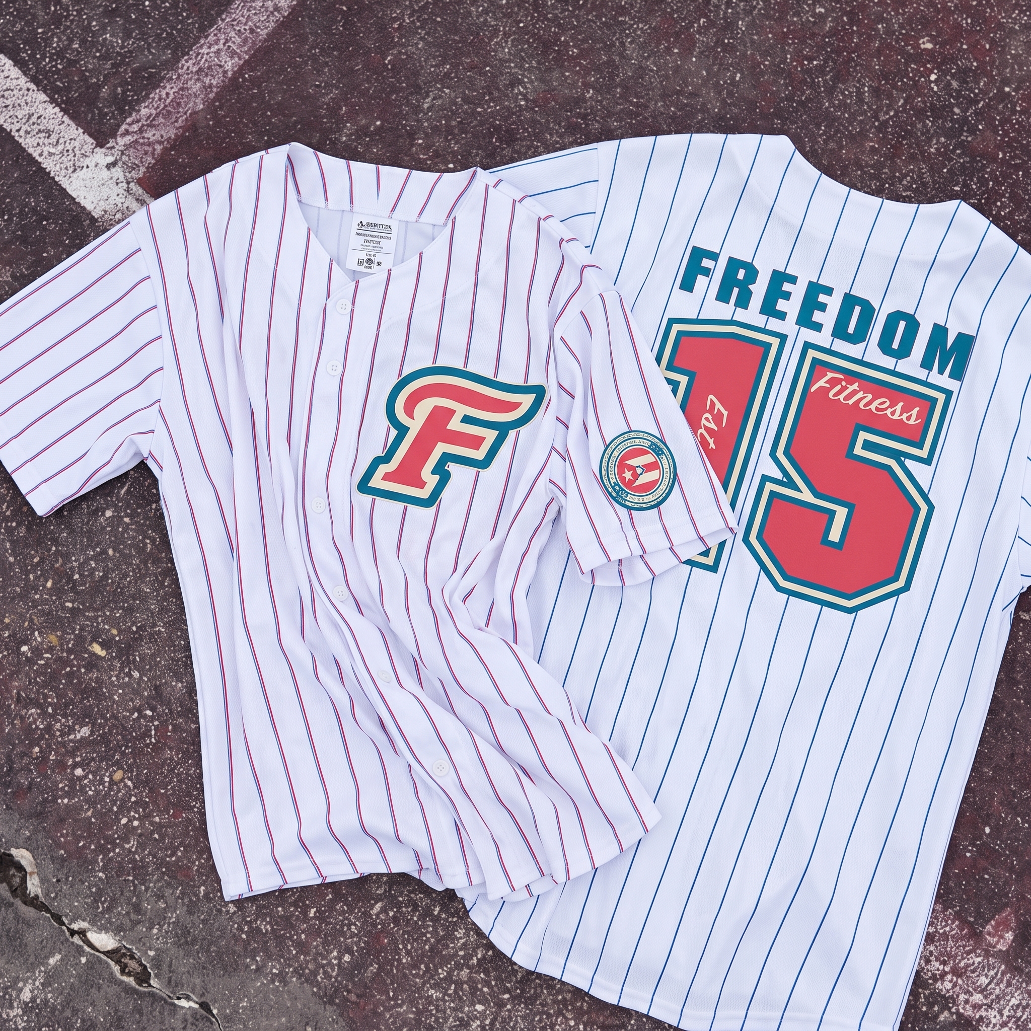 Freedom Fitness pinstripe baseball jerseys with front F monogram, sleeve patch, and back number 15 graphic