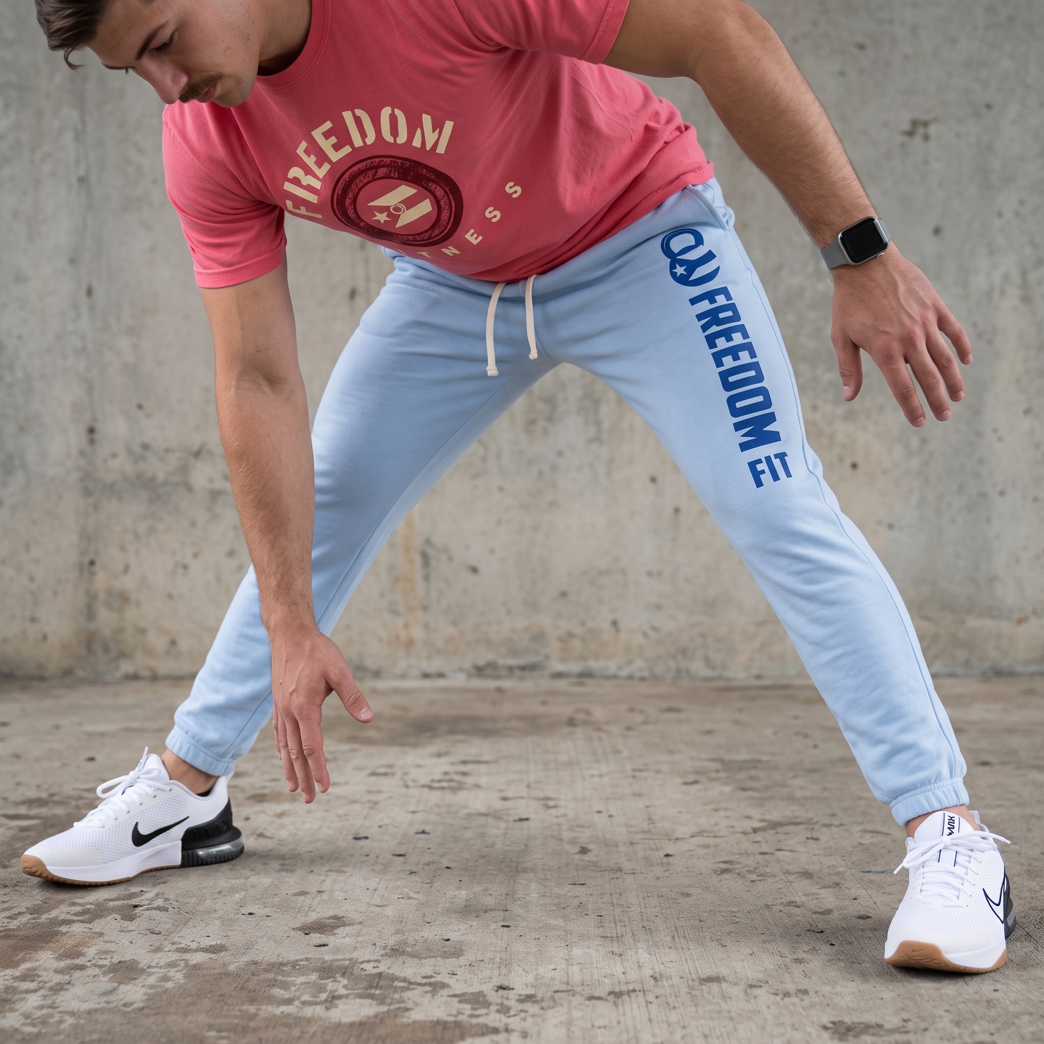 Athlete wearing light blue Freedom Fit joggers with vertical leg print and coral Freedom Fitness tee