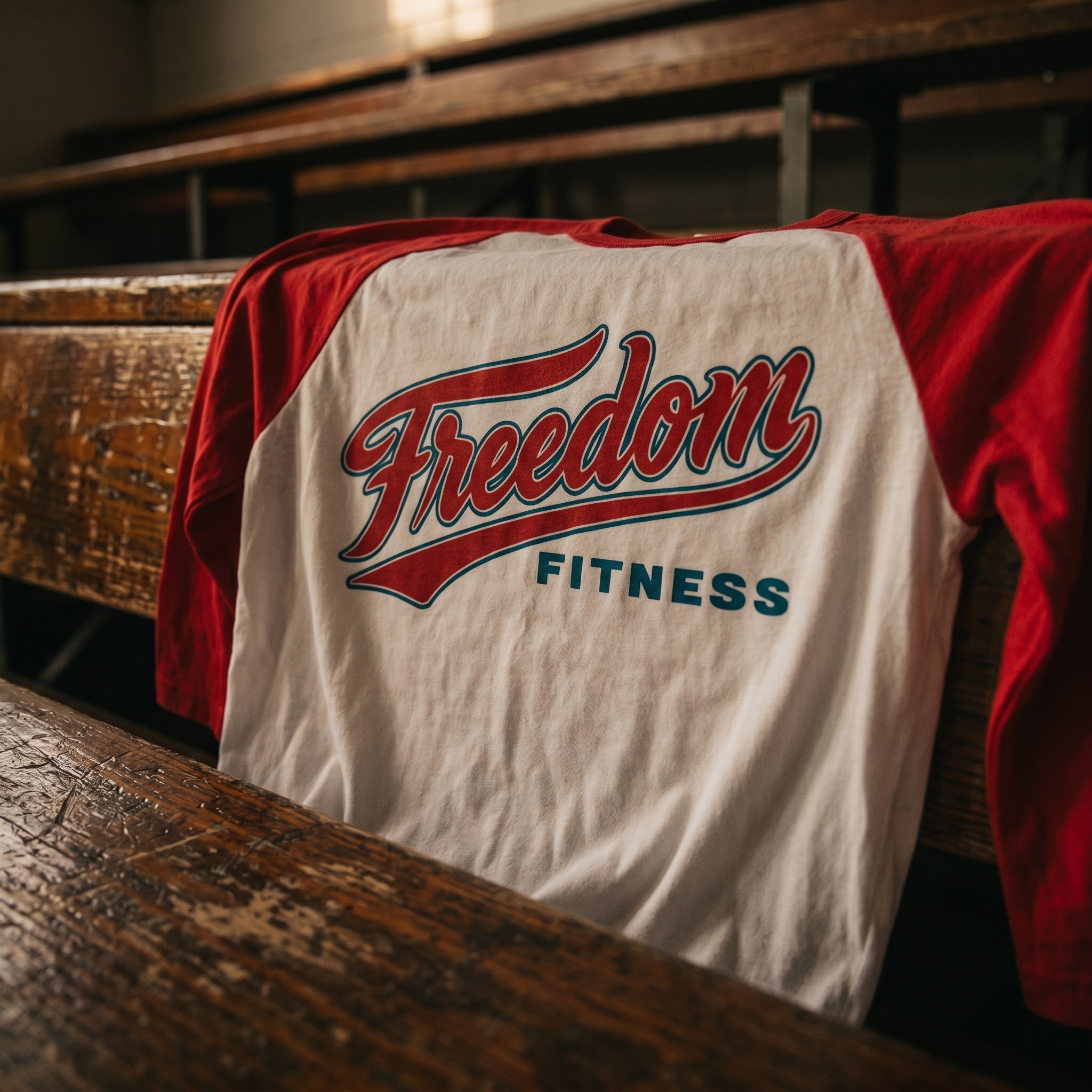 Vintage Freedom Fitness red and white raglan tee with large script logo draped over wooden bleachers