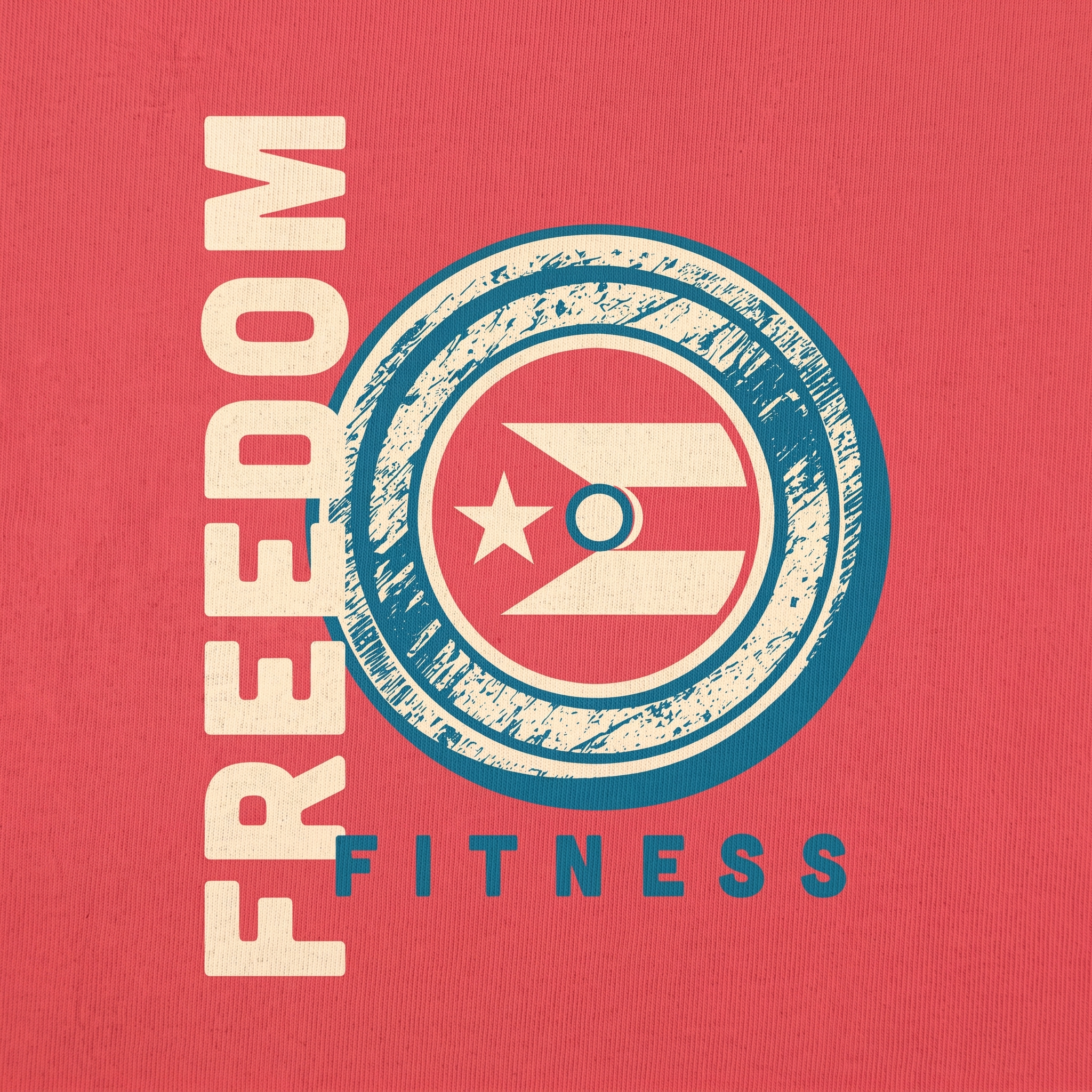 Freedom Fitness screen printed logo detail with circular Cuban flag inspired mark, cream ink, coral fabric, distressed texture, and teal structure