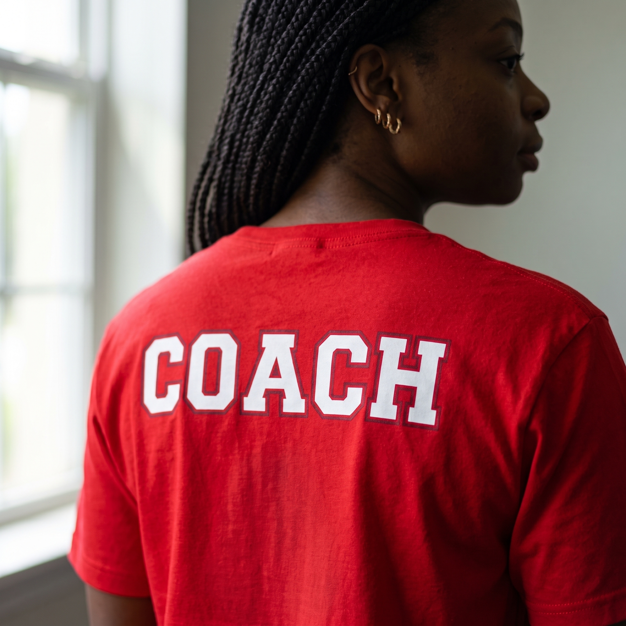 Miami Metcon red coach tee with bold coach back print