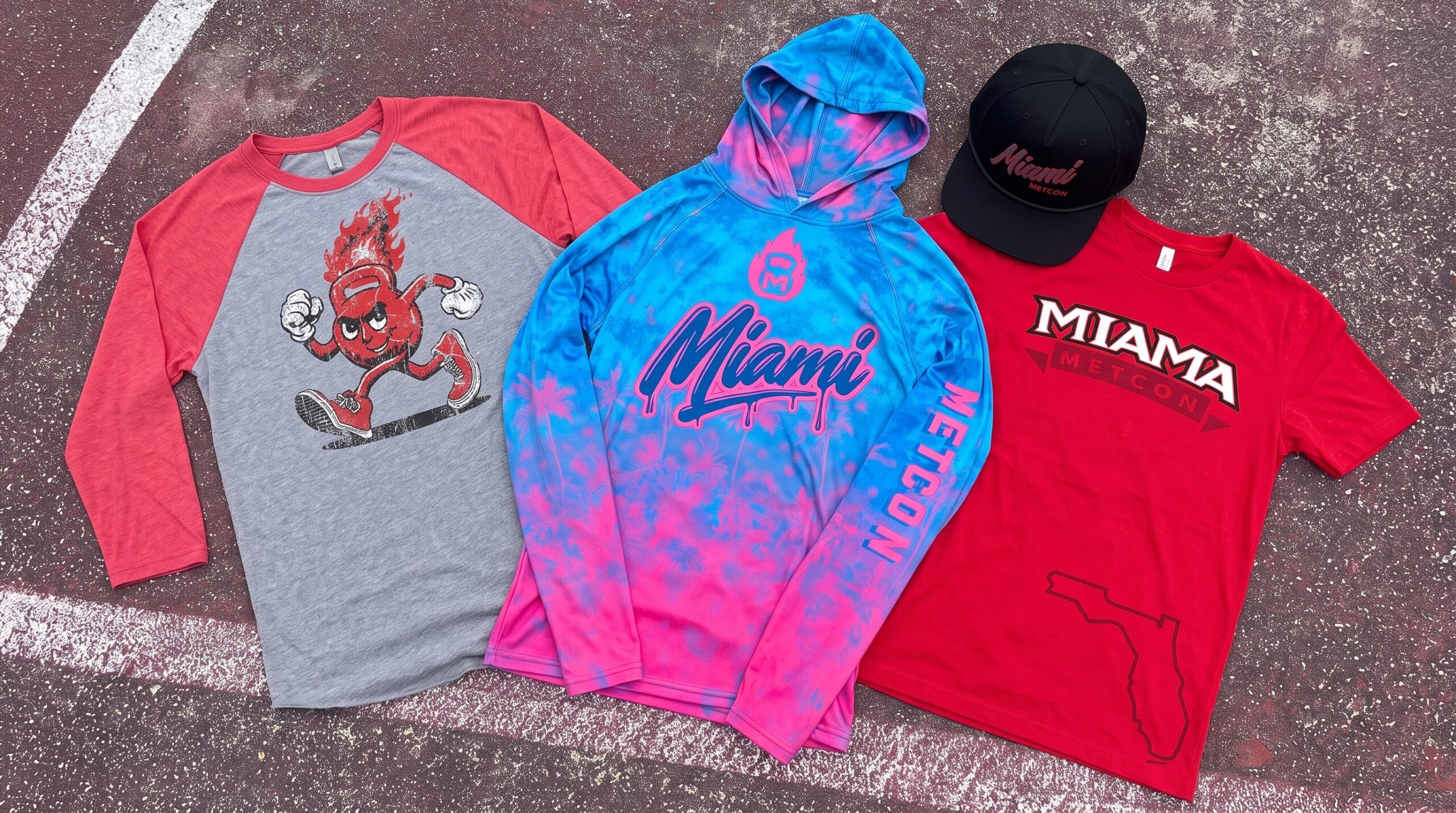 Miami Metcon blue and pink performance hoodies with script logo and sleeve print
