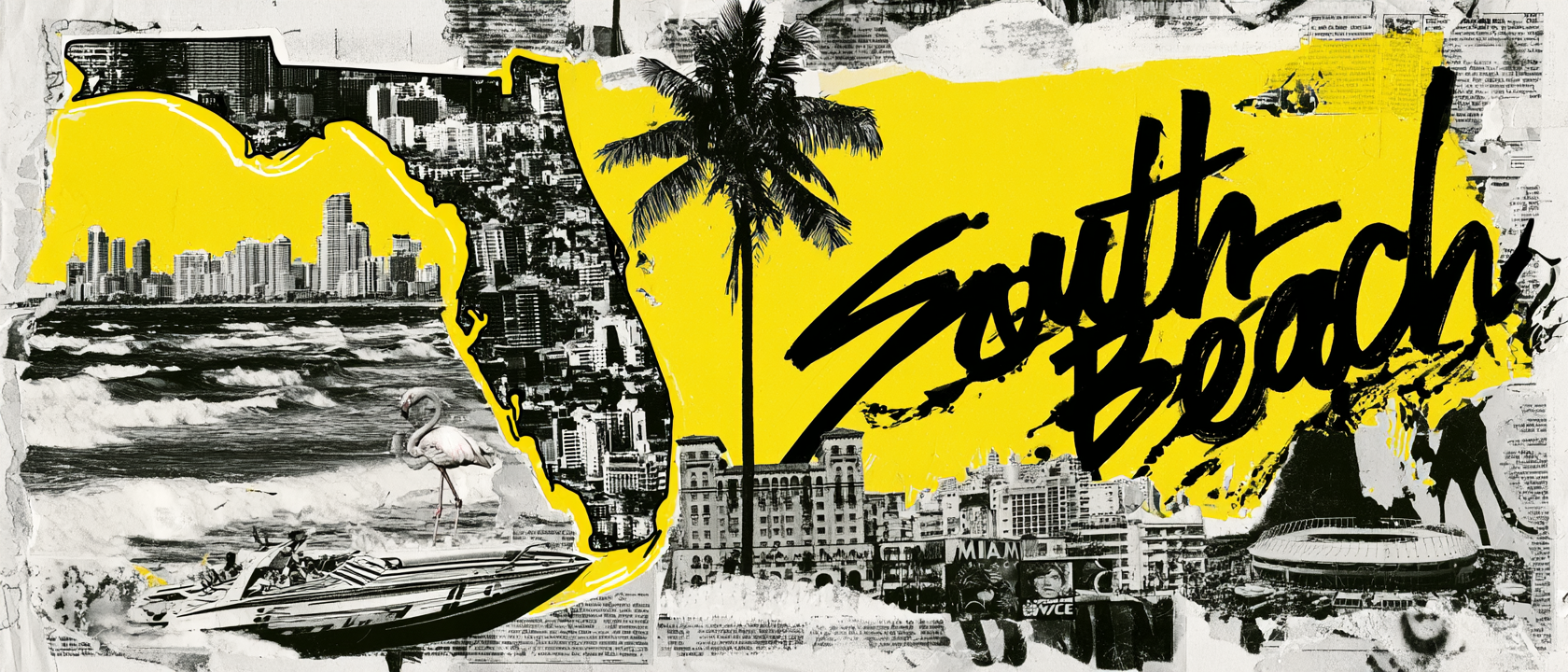 Miami visual history collage with South Beach, palm trees, ocean, Florida outline, skyline, and graphic texture