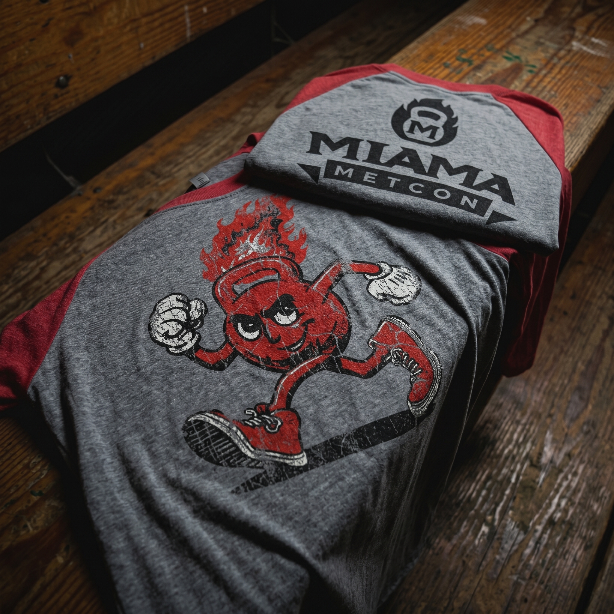 Miami Metcon mascot raglan with vintage kettlebell character graphic