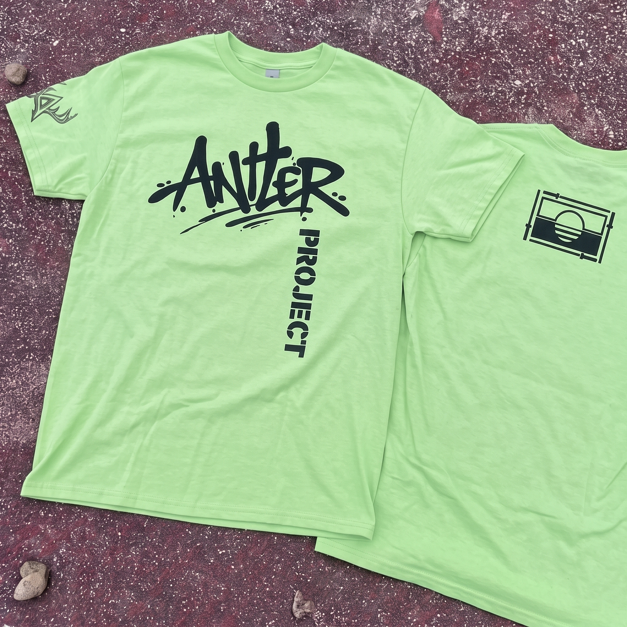 Lime Antler Project tee with black script front and small back icon