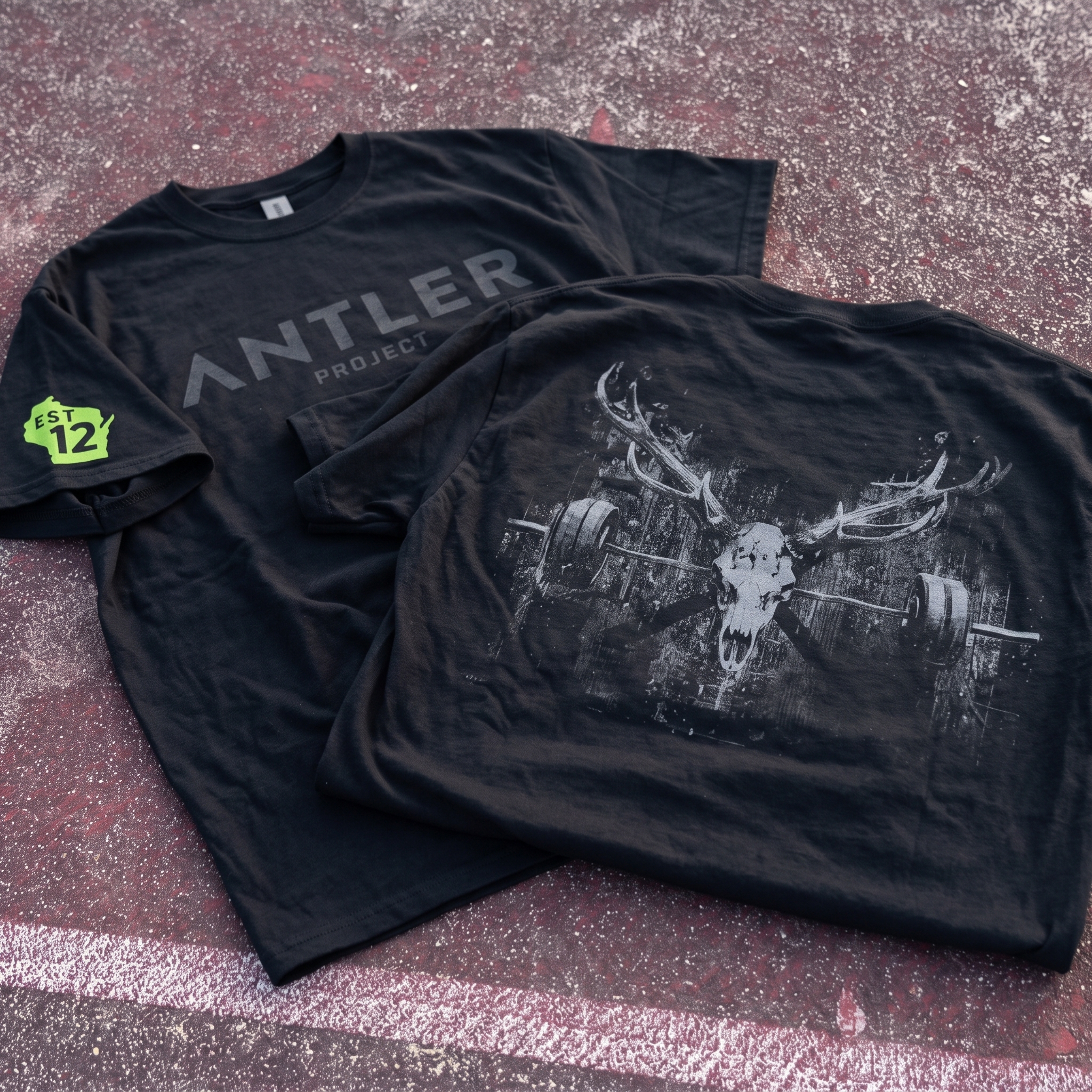 Black Antler Project tee set with front tonal logo, Wisconsin sleeve mark, and back deer skull graphic