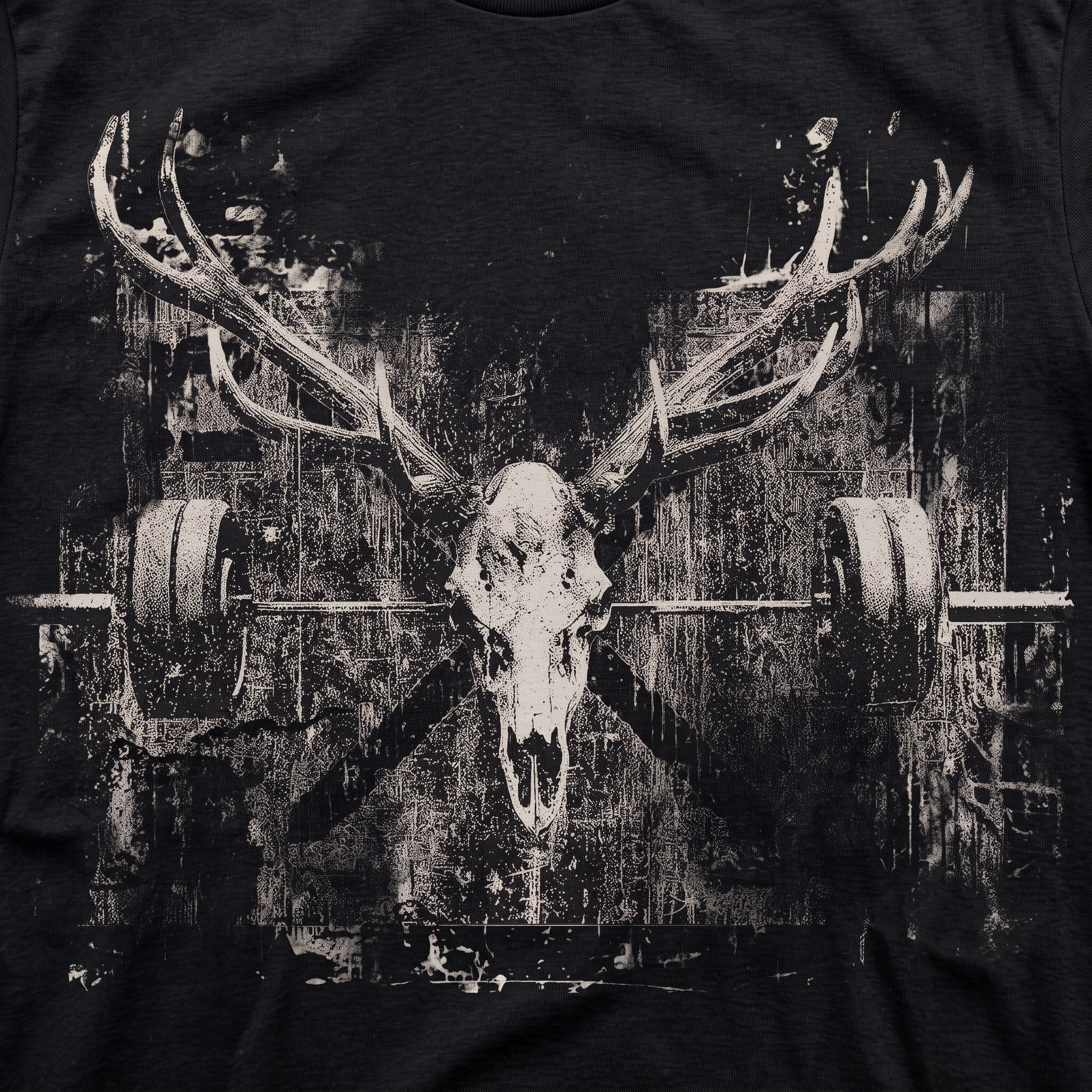 Black Antler Project tee with distressed deer skull and barbell graphic