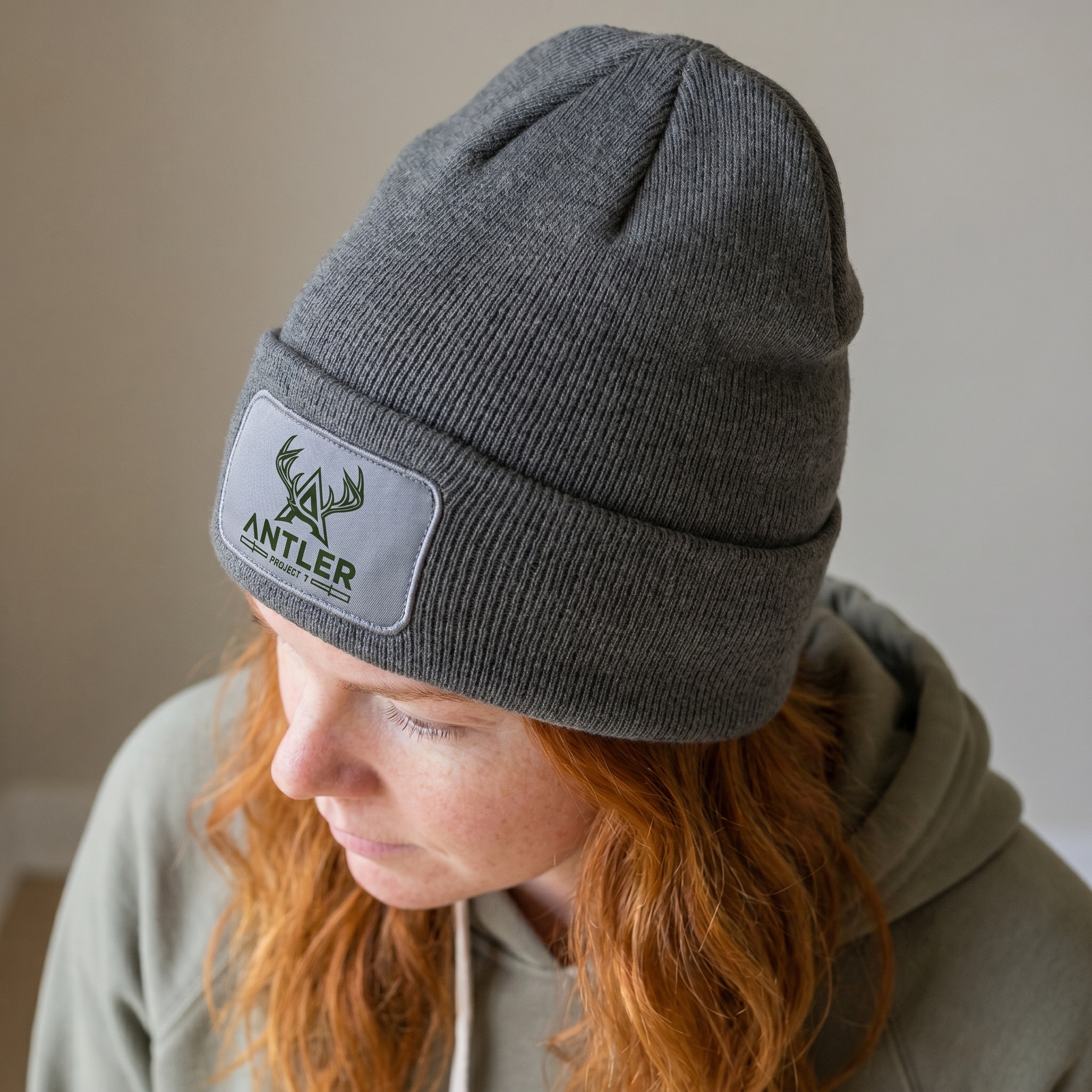 Grey Antler Project beanie with rectangular patch logo
