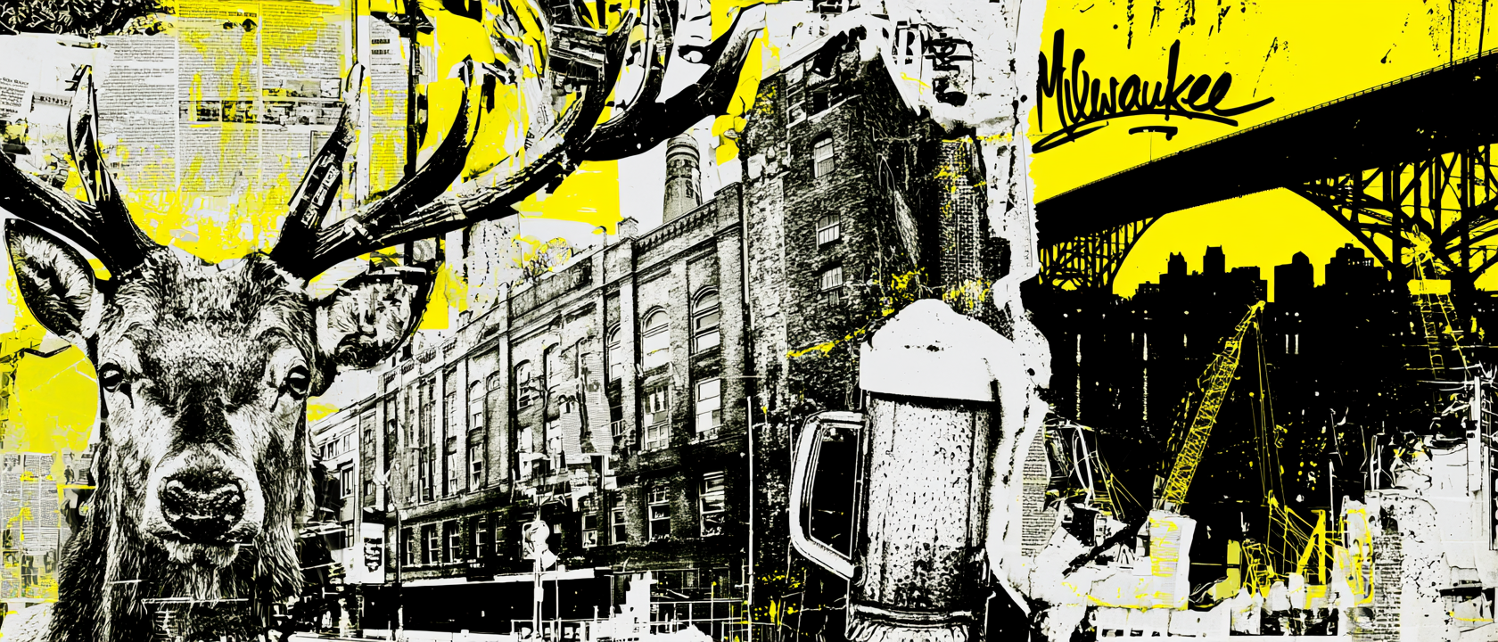 Milwaukee visual history collage with deer, industrial buildings, beer stein, Hoan Bridge, skyline, and yellow graphic texture
