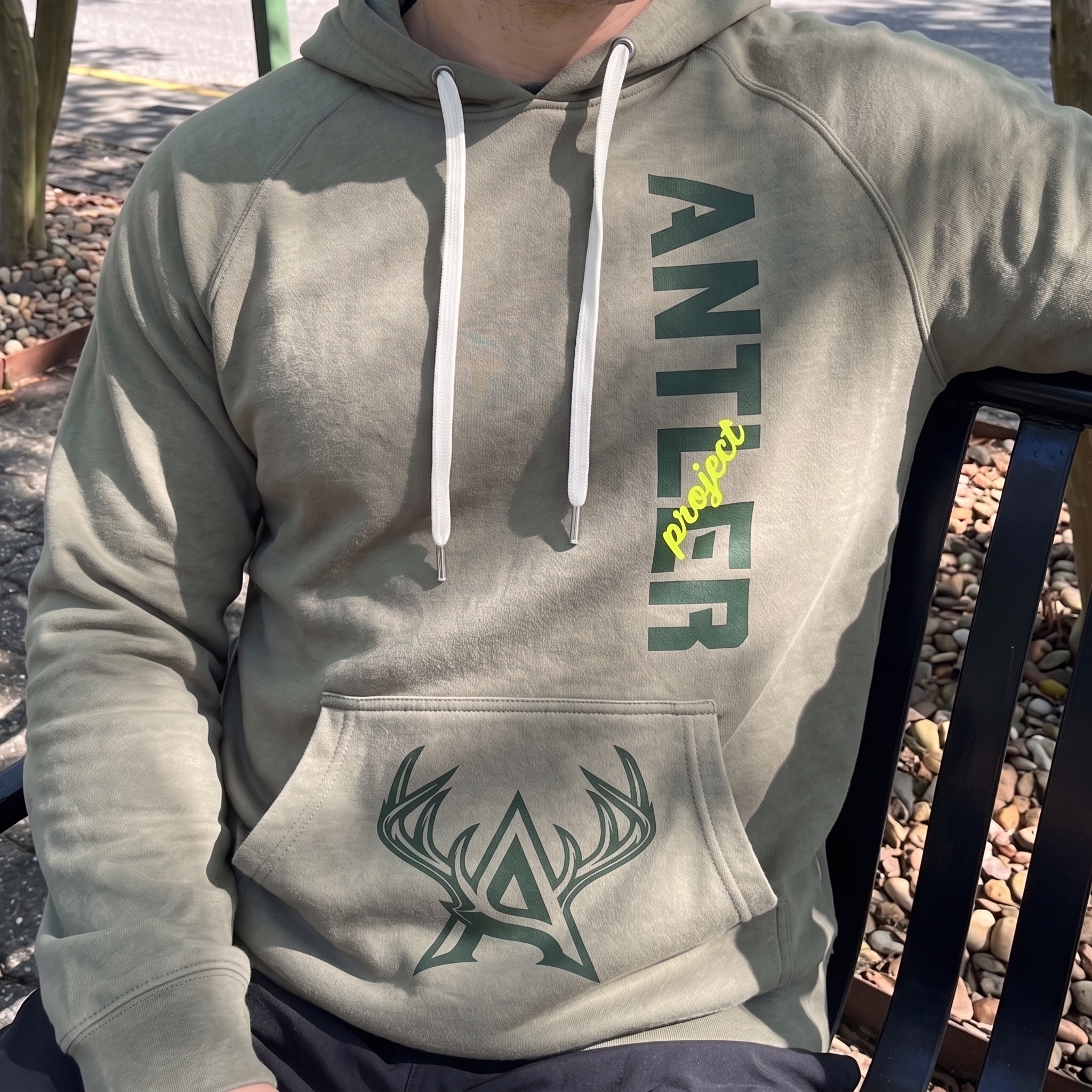 Stone Antler Project hoodie with vertical Antler type and antler mark on front pocket