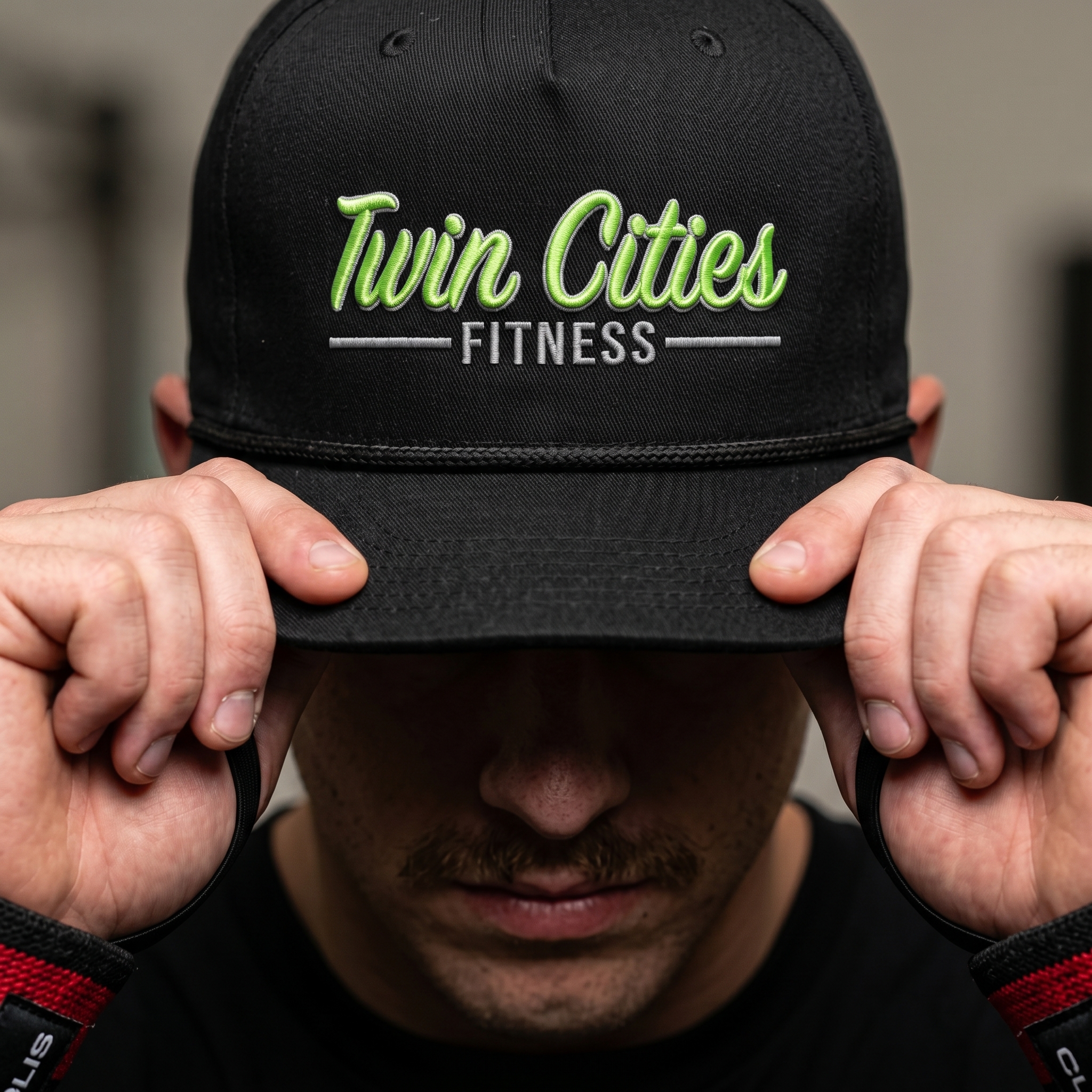 Black Twin Cities Fitness rope cap with green and white embroidered script logo
