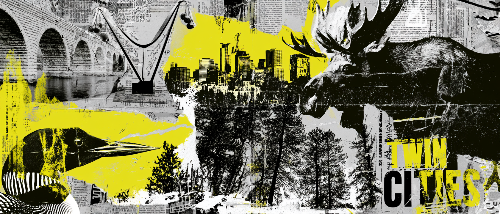 Minnesota Twin Cities visual history collage with skyline, Stone Arch Bridge, loon, moose, forest, and yellow graphic texture