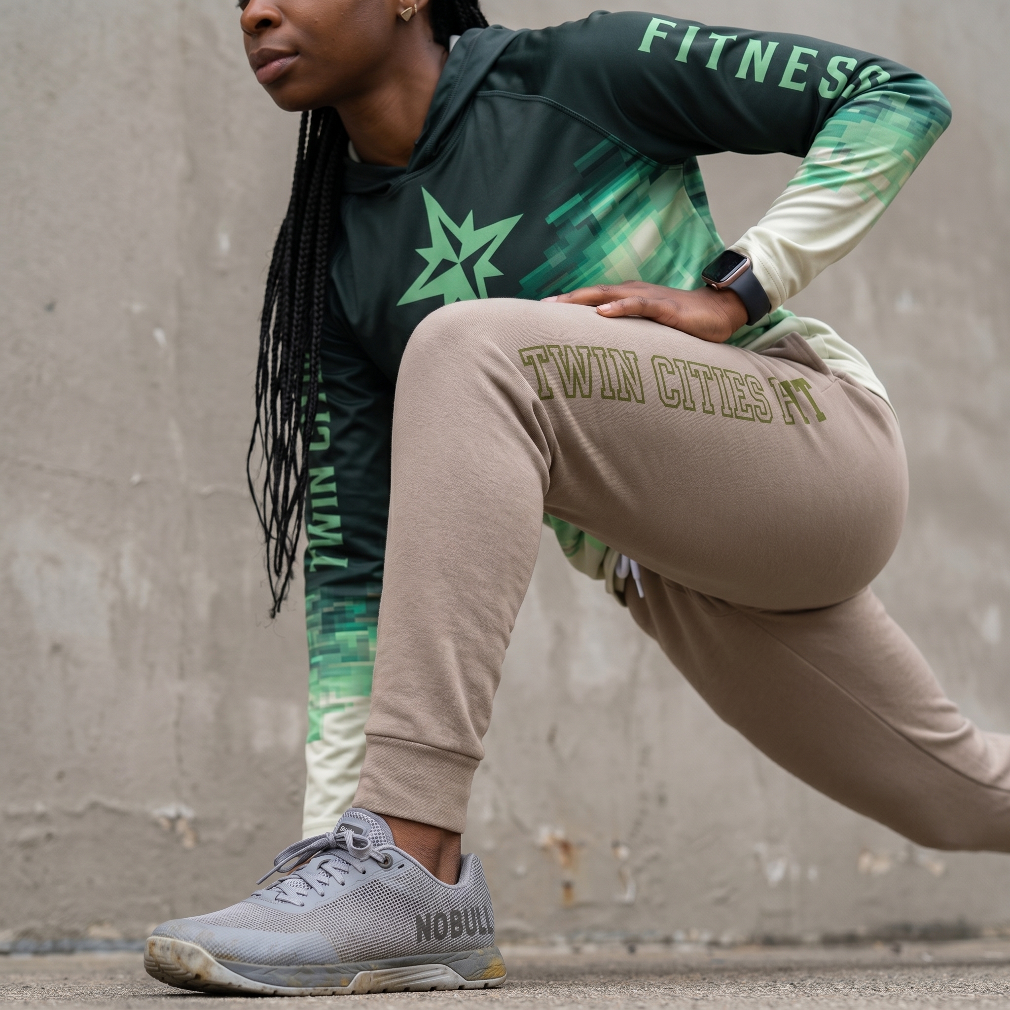 Twin Cities Fitness green performance hoodie and khaki joggers with star and vertical leg graphics