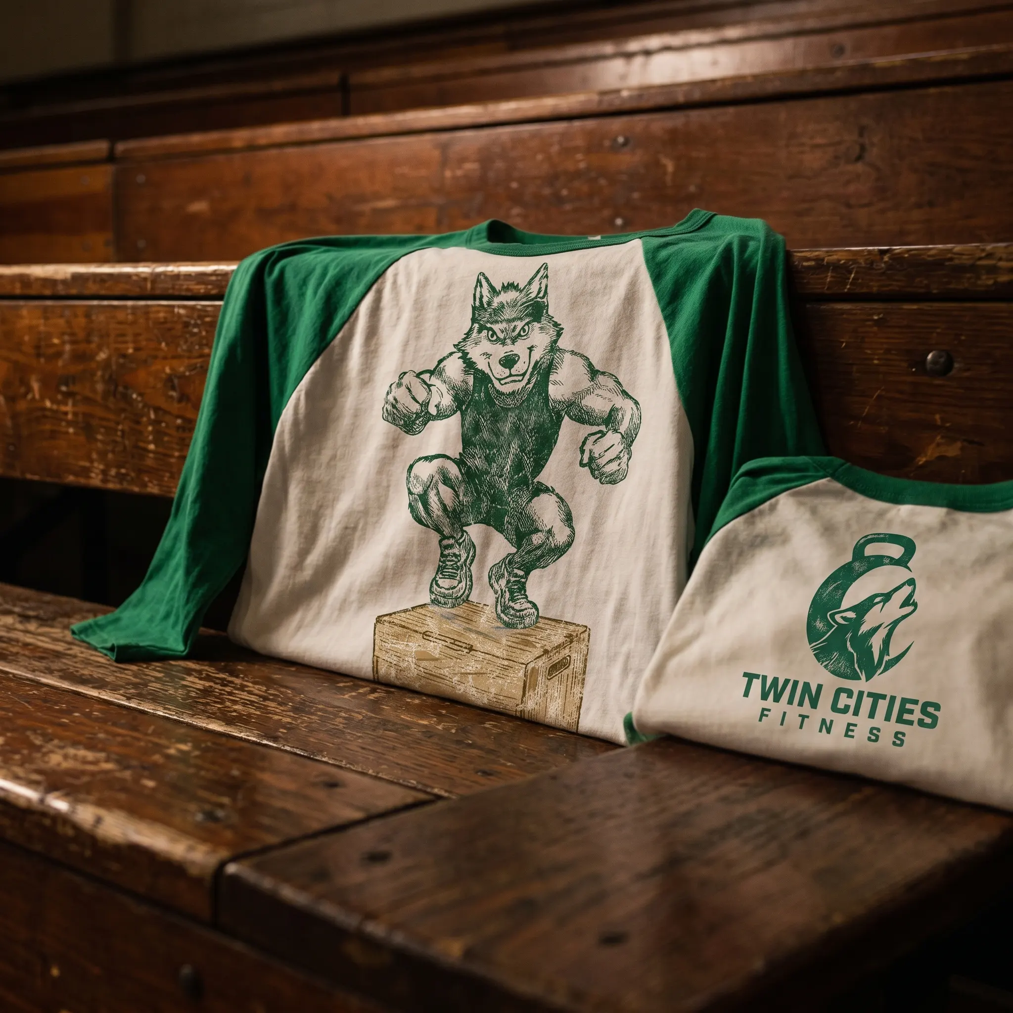 Twin Cities Fitness wolf mascot raglan shirts on wooden benches