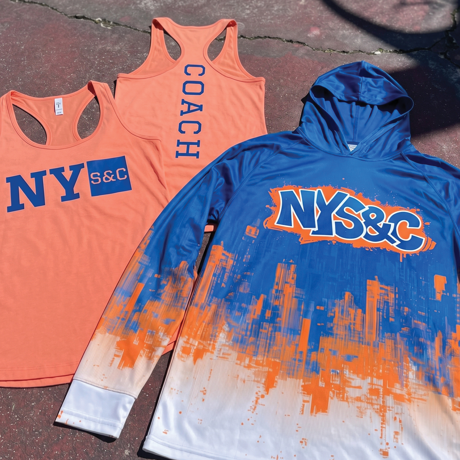 New York Strength and Conditioning collection detail with peach coach tanks, blue sublimated hoodie, and NY S&C marks