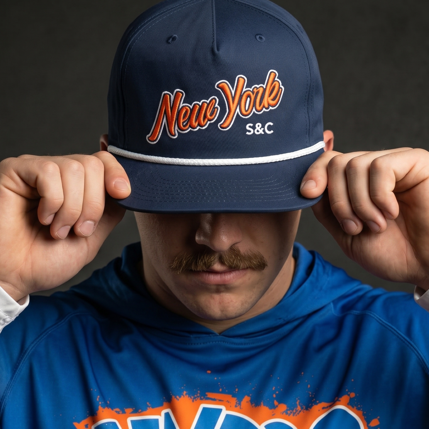 Navy New York Strength and Conditioning rope cap with orange script embroidery