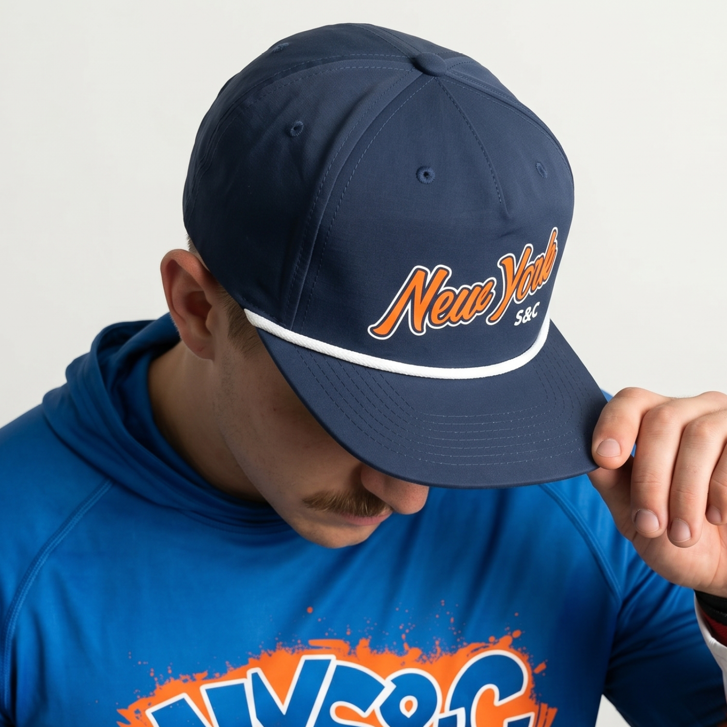 Close-up of navy New York Strength and Conditioning rope cap with white rope detail and orange script logo