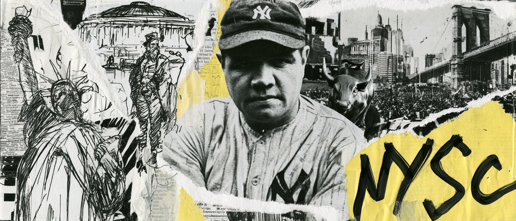 New York visual history collage with Statue of Liberty sketch, Babe Ruth, Wall Street bull, city skyline, Brooklyn Bridge, newspaper texture, and NYC lettering