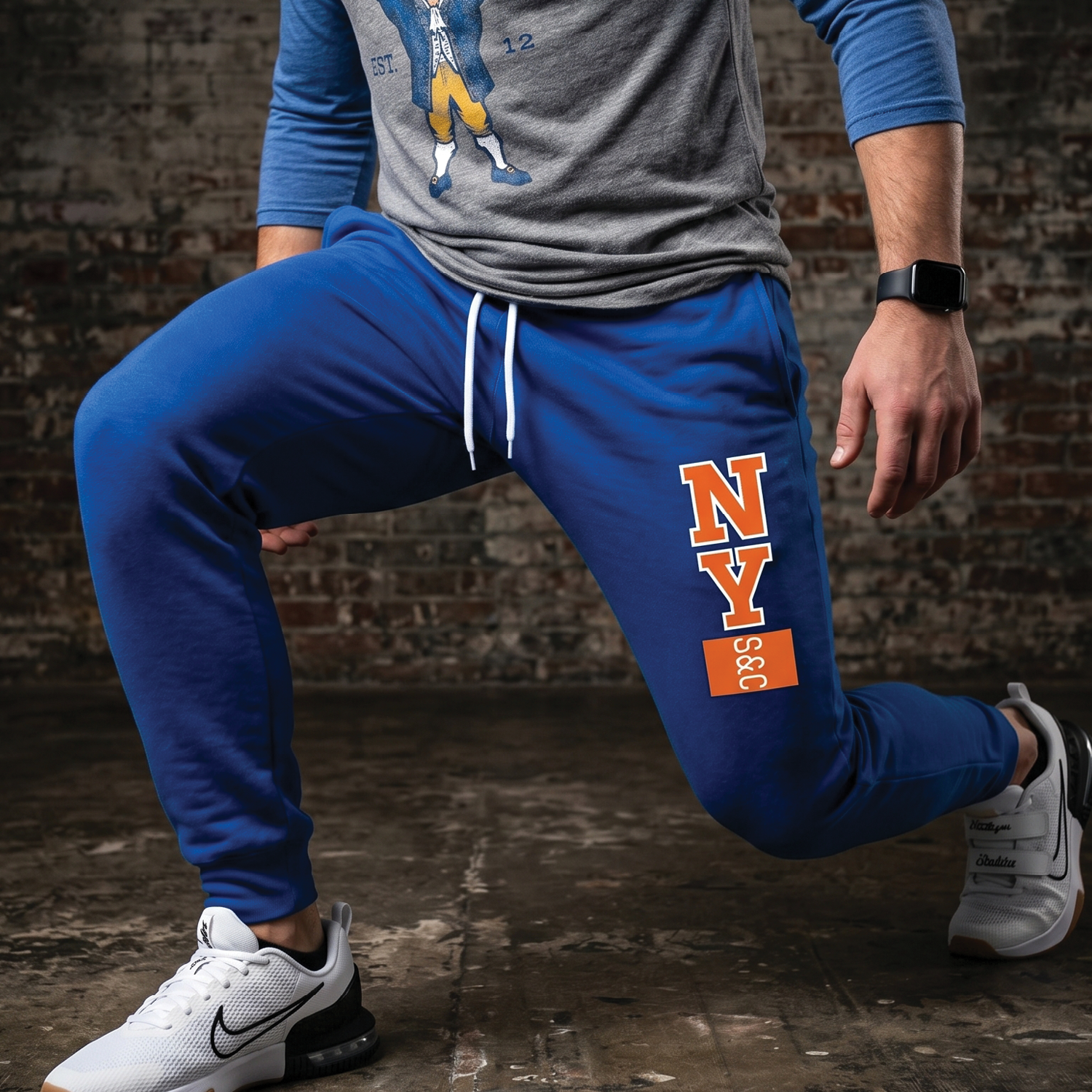 Standing detail of blue New York Strength and Conditioning joggers with orange and white NY S&C leg print