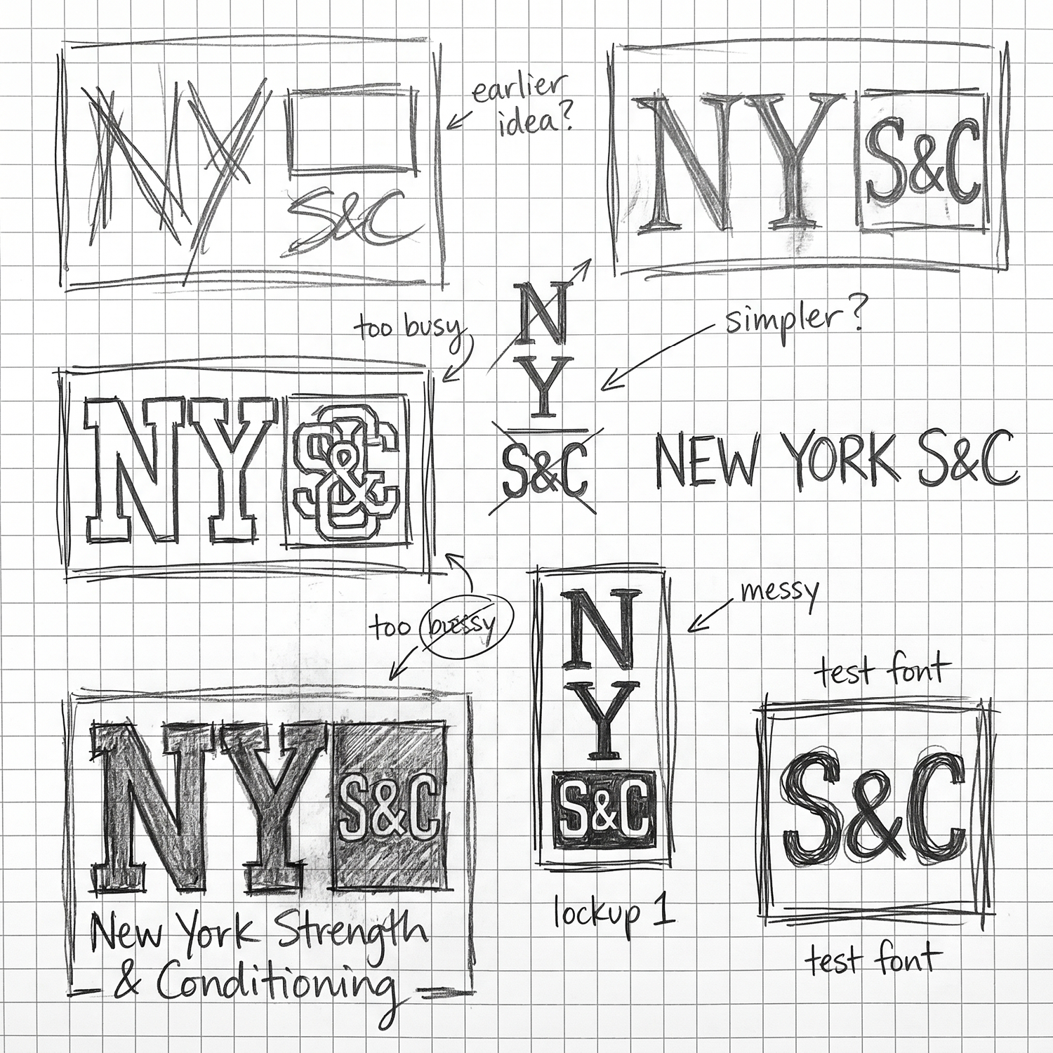 Hand-drawn NY S&C thumbnail sketches exploring stacked logos, boxed lockups, type tests, and simplified logo directions
